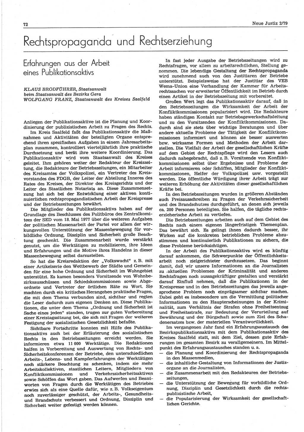 Neue Justiz (NJ), Zeitschrift für sozialistisches Recht und Gesetzlichkeit [Deutsche Demokratische Republik (DDR)], 33. Jahrgang 1979, Seite 72 (NJ DDR 1979, S. 72)