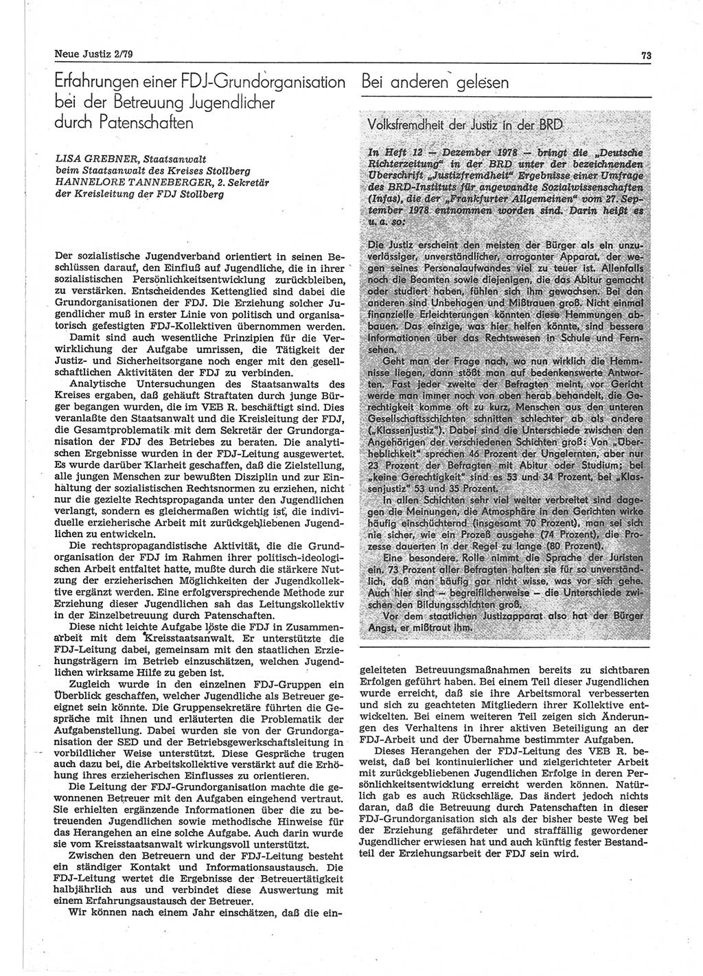 Neue Justiz (NJ), Zeitschrift für sozialistisches Recht und Gesetzlichkeit [Deutsche Demokratische Republik (DDR)], 33. Jahrgang 1979, Seite 73 (NJ DDR 1979, S. 73)