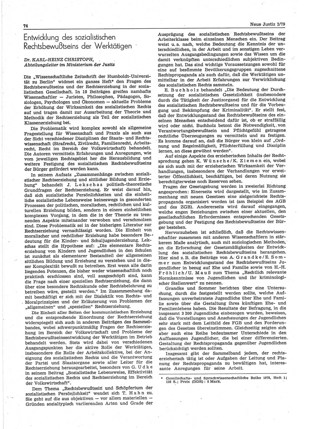 Neue Justiz (NJ), Zeitschrift für sozialistisches Recht und Gesetzlichkeit [Deutsche Demokratische Republik (DDR)], 33. Jahrgang 1979, Seite 74 (NJ DDR 1979, S. 74)