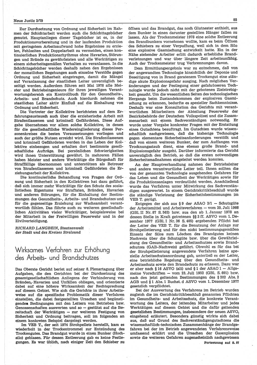Neue Justiz (NJ), Zeitschrift für sozialistisches Recht und Gesetzlichkeit [Deutsche Demokratische Republik (DDR)], 33. Jahrgang 1979, Seite 85 (NJ DDR 1979, S. 85)