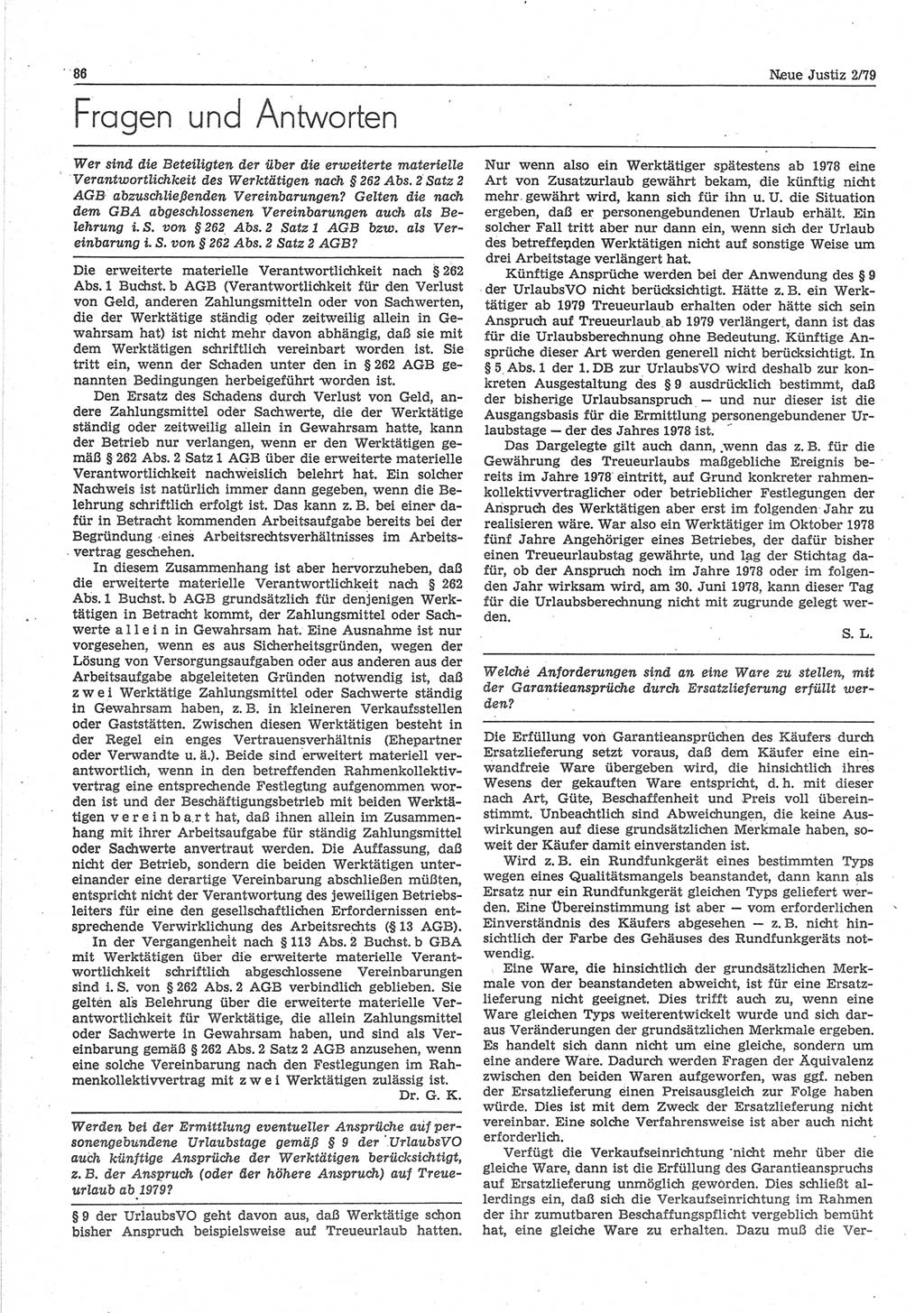 Neue Justiz (NJ), Zeitschrift für sozialistisches Recht und Gesetzlichkeit [Deutsche Demokratische Republik (DDR)], 33. Jahrgang 1979, Seite 86 (NJ DDR 1979, S. 86)