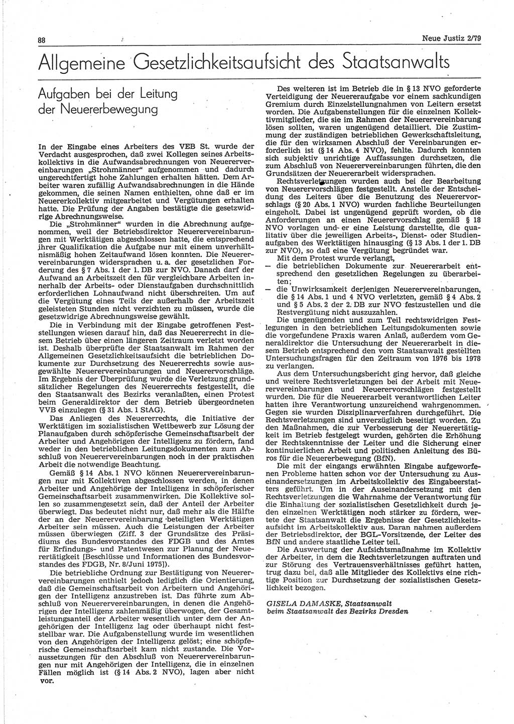 Neue Justiz (NJ), Zeitschrift für sozialistisches Recht und Gesetzlichkeit [Deutsche Demokratische Republik (DDR)], 33. Jahrgang 1979, Seite 88 (NJ DDR 1979, S. 88)