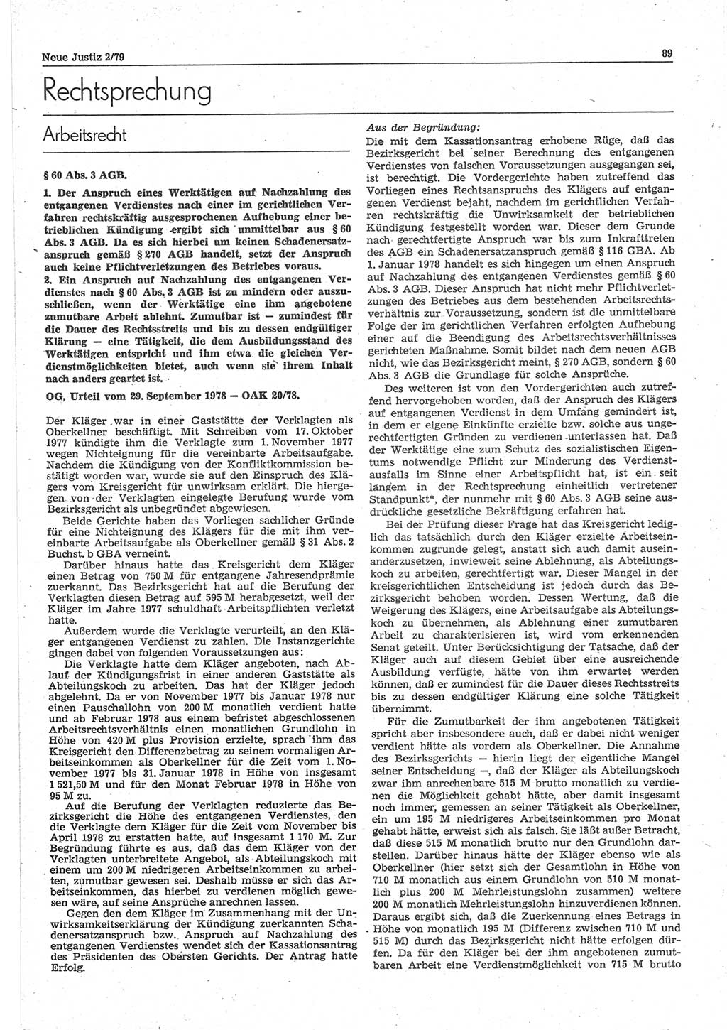 Neue Justiz (NJ), Zeitschrift für sozialistisches Recht und Gesetzlichkeit [Deutsche Demokratische Republik (DDR)], 33. Jahrgang 1979, Seite 89 (NJ DDR 1979, S. 89)