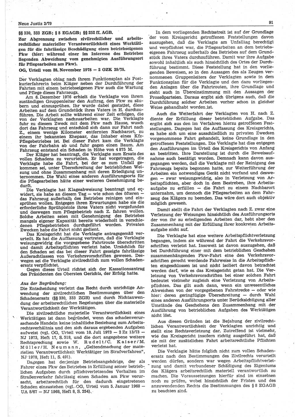 Neue Justiz (NJ), Zeitschrift für sozialistisches Recht und Gesetzlichkeit [Deutsche Demokratische Republik (DDR)], 33. Jahrgang 1979, Seite 91 (NJ DDR 1979, S. 91)