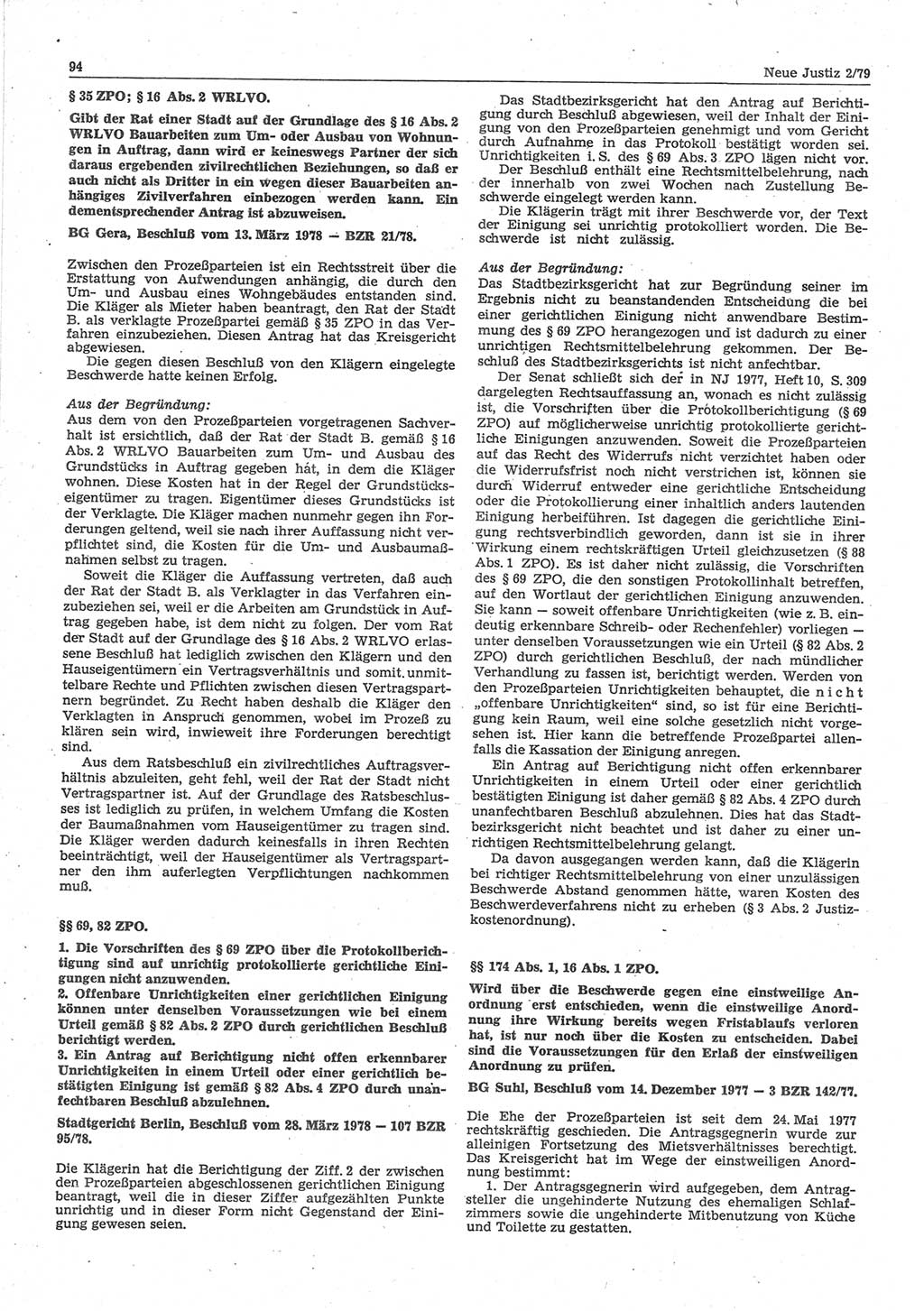 Neue Justiz (NJ), Zeitschrift für sozialistisches Recht und Gesetzlichkeit [Deutsche Demokratische Republik (DDR)], 33. Jahrgang 1979, Seite 94 (NJ DDR 1979, S. 94)