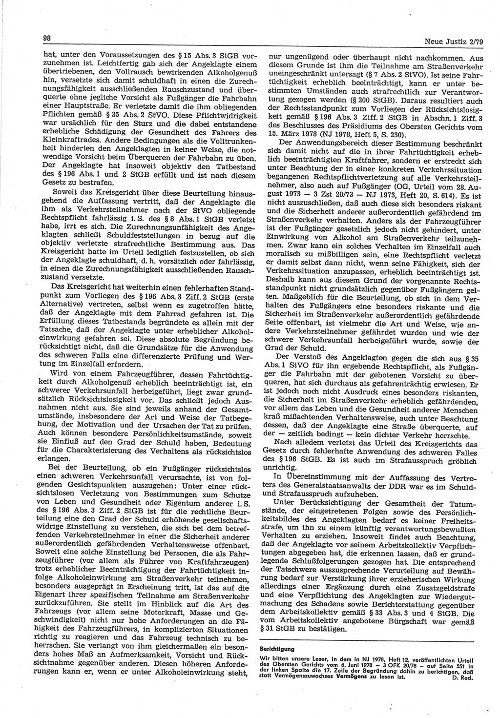 Neue Justiz (NJ), Zeitschrift für sozialistisches Recht und Gesetzlichkeit [Deutsche Demokratische Republik (DDR)], 33. Jahrgang 1979, Seite 98 (NJ DDR 1979, S. 98)