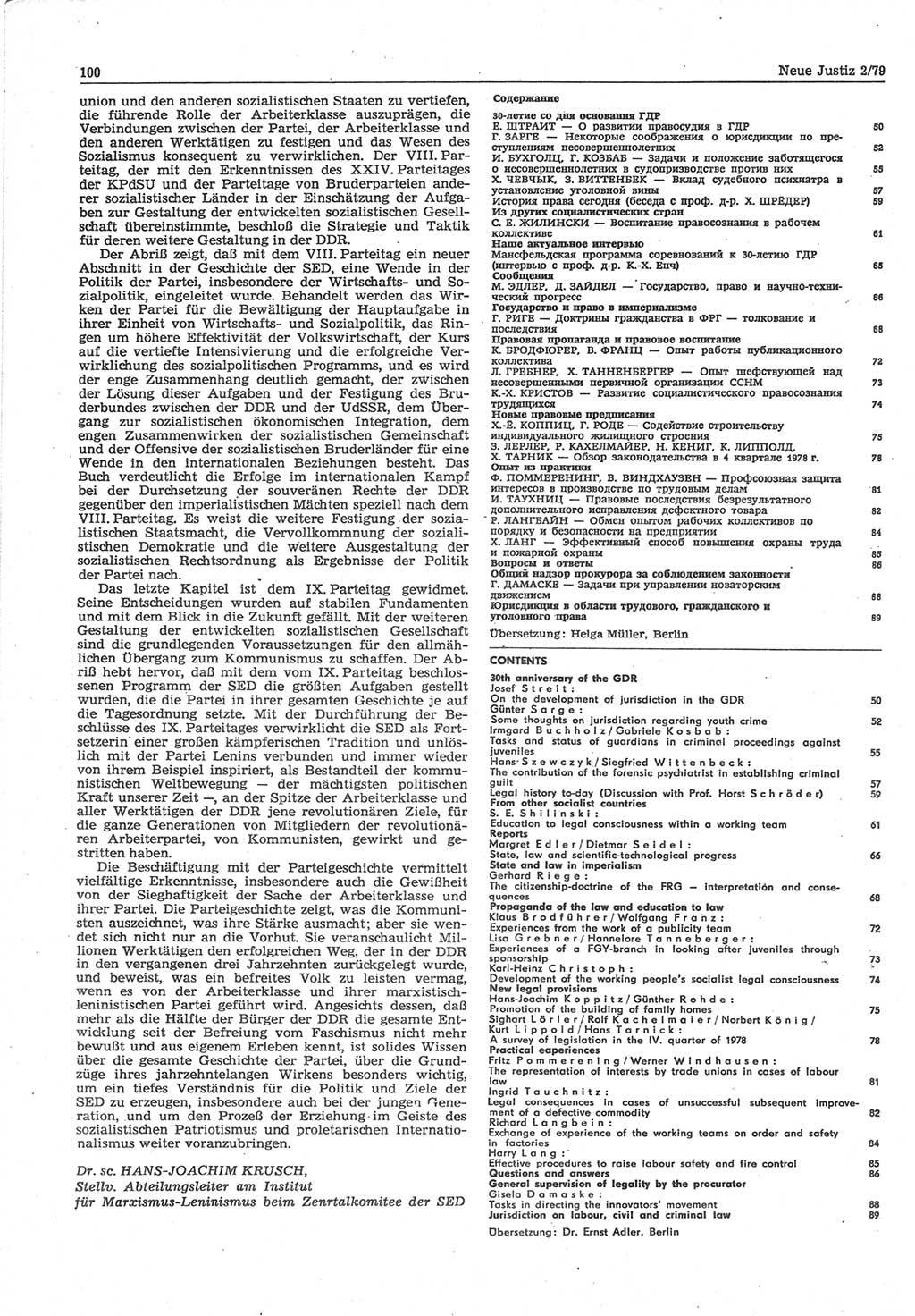 Neue Justiz (NJ), Zeitschrift für sozialistisches Recht und Gesetzlichkeit [Deutsche Demokratische Republik (DDR)], 33. Jahrgang 1979, Seite 100 (NJ DDR 1979, S. 100)