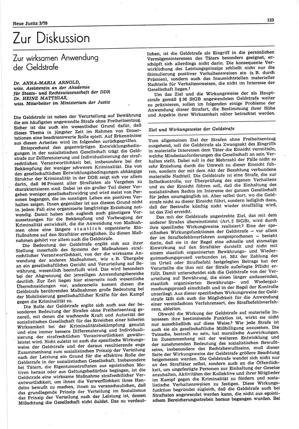 Neue Justiz (NJ), Zeitschrift für sozialistisches Recht und Gesetzlichkeit [Deutsche Demokratische Republik (DDR)], 33. Jahrgang 1979, Seite 123 (NJ DDR 1979, S. 123)