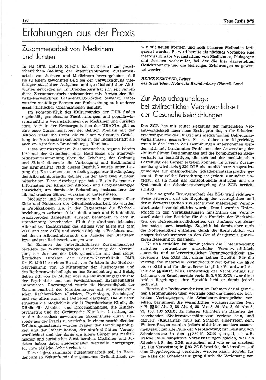 Neue Justiz (NJ), Zeitschrift für sozialistisches Recht und Gesetzlichkeit [Deutsche Demokratische Republik (DDR)], 33. Jahrgang 1979, Seite 136 (NJ DDR 1979, S. 136)