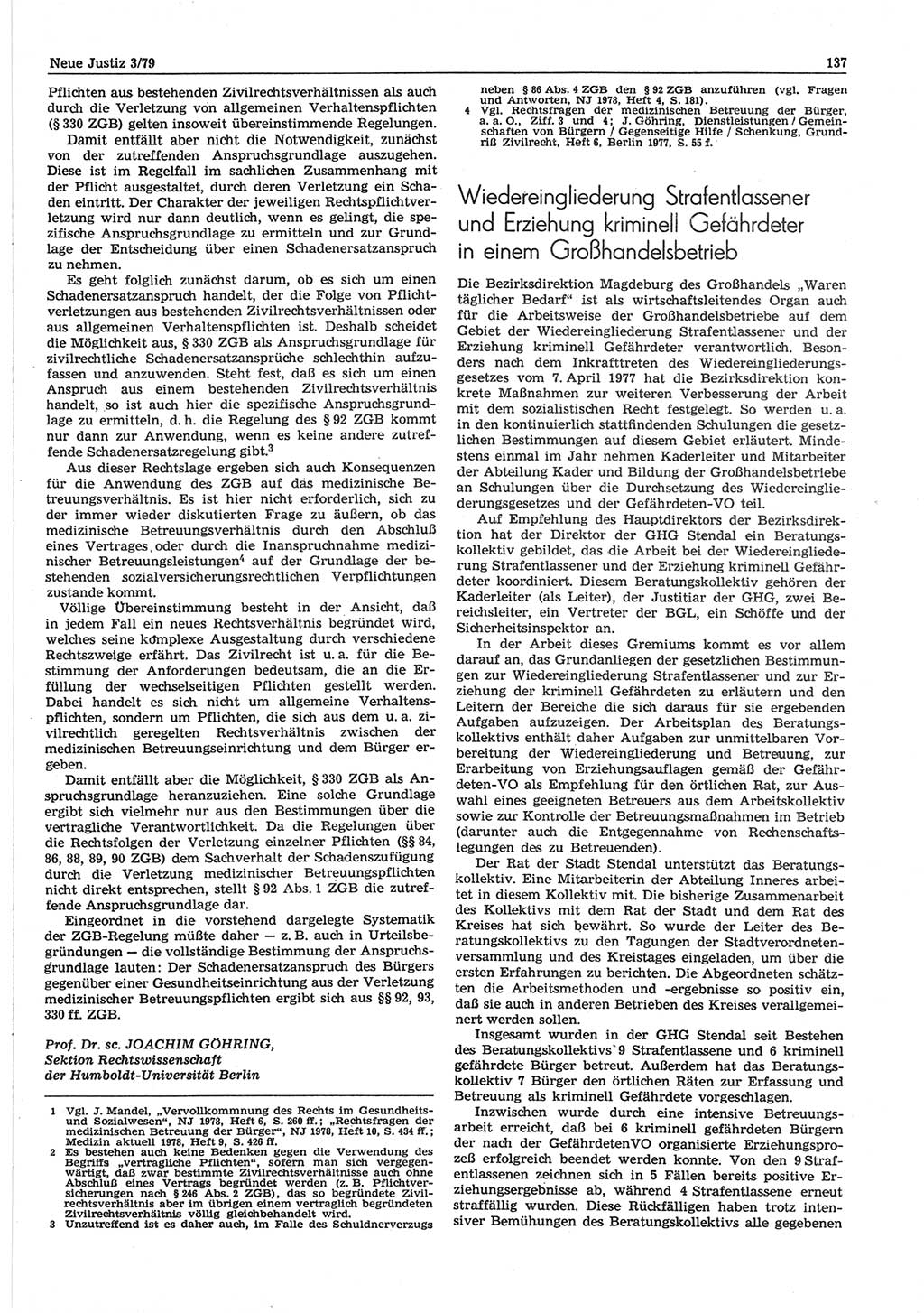 Neue Justiz (NJ), Zeitschrift für sozialistisches Recht und Gesetzlichkeit [Deutsche Demokratische Republik (DDR)], 33. Jahrgang 1979, Seite 137 (NJ DDR 1979, S. 137)