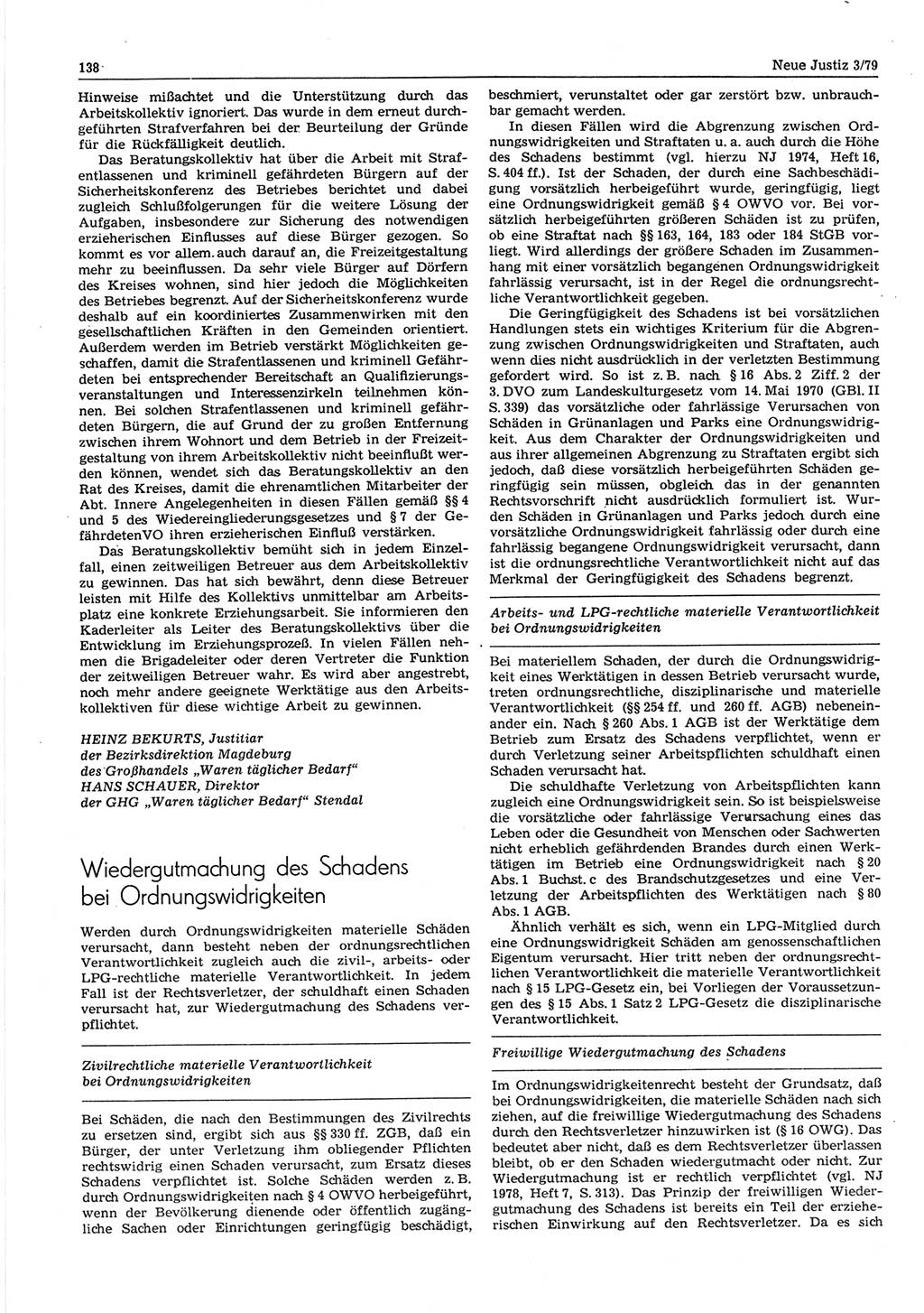 Neue Justiz (NJ), Zeitschrift für sozialistisches Recht und Gesetzlichkeit [Deutsche Demokratische Republik (DDR)], 33. Jahrgang 1979, Seite 138 (NJ DDR 1979, S. 138)