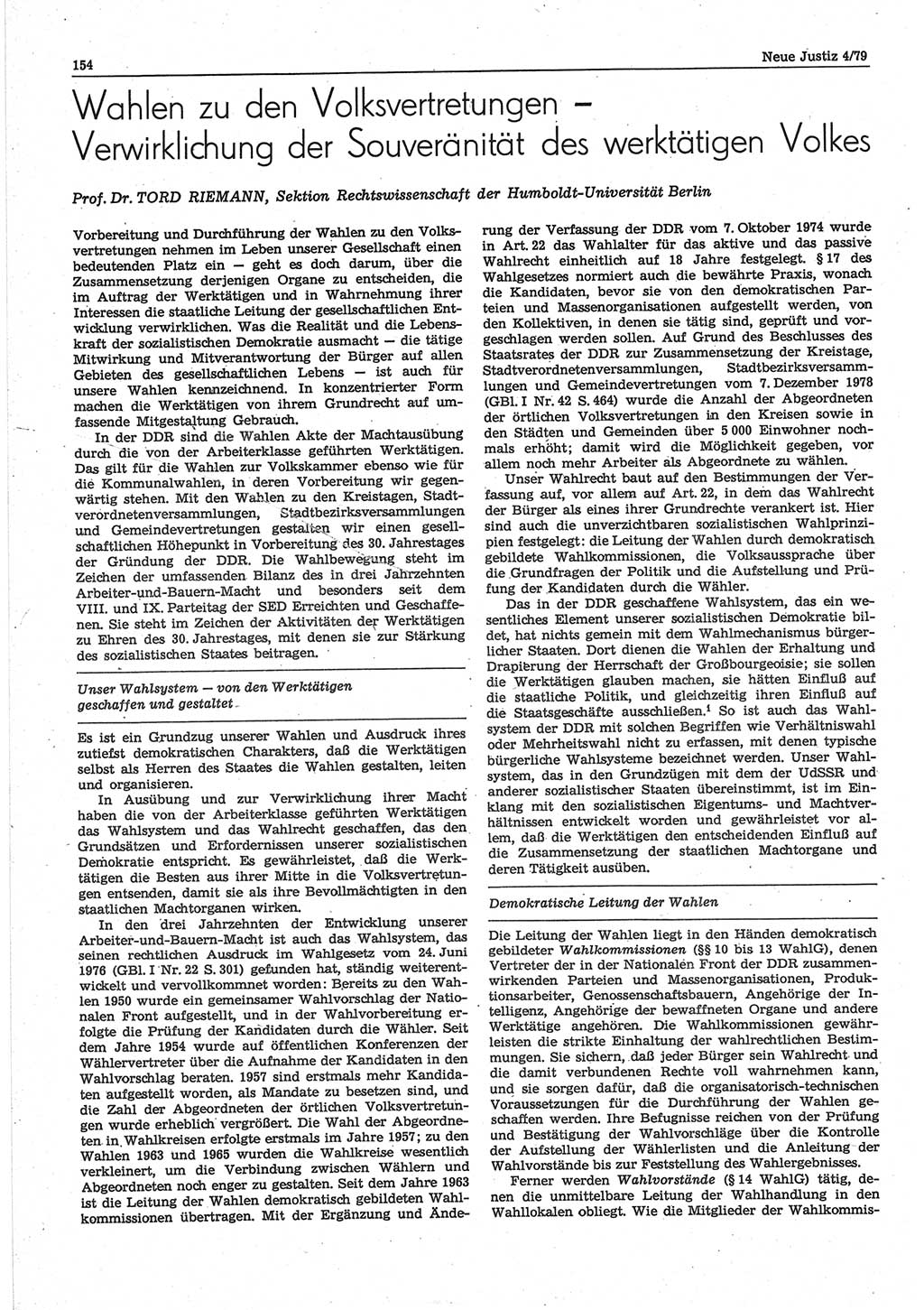 Neue Justiz (NJ), Zeitschrift für sozialistisches Recht und Gesetzlichkeit [Deutsche Demokratische Republik (DDR)], 33. Jahrgang 1979, Seite 154 (NJ DDR 1979, S. 154)