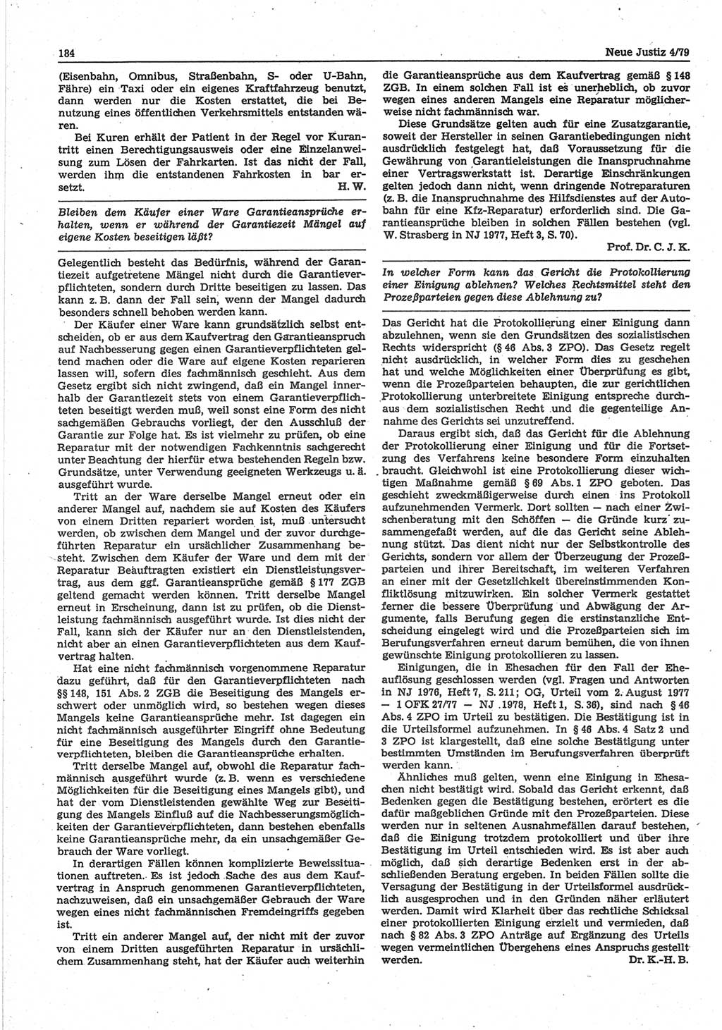 Neue Justiz (NJ), Zeitschrift für sozialistisches Recht und Gesetzlichkeit [Deutsche Demokratische Republik (DDR)], 33. Jahrgang 1979, Seite 184 (NJ DDR 1979, S. 184)