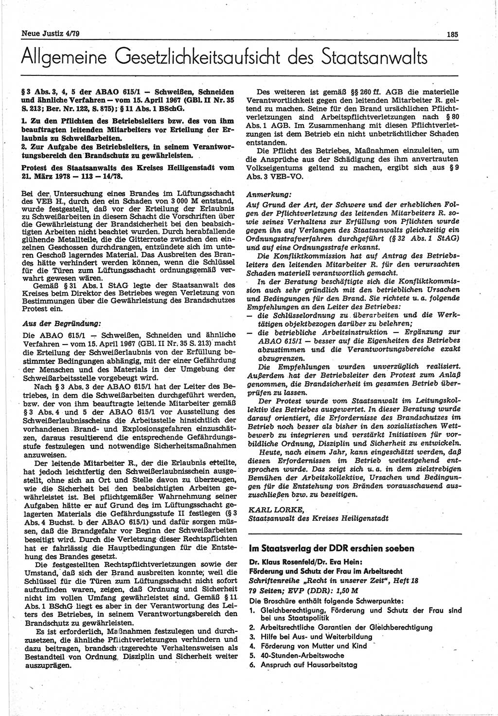 Neue Justiz (NJ), Zeitschrift für sozialistisches Recht und Gesetzlichkeit [Deutsche Demokratische Republik (DDR)], 33. Jahrgang 1979, Seite 185 (NJ DDR 1979, S. 185)