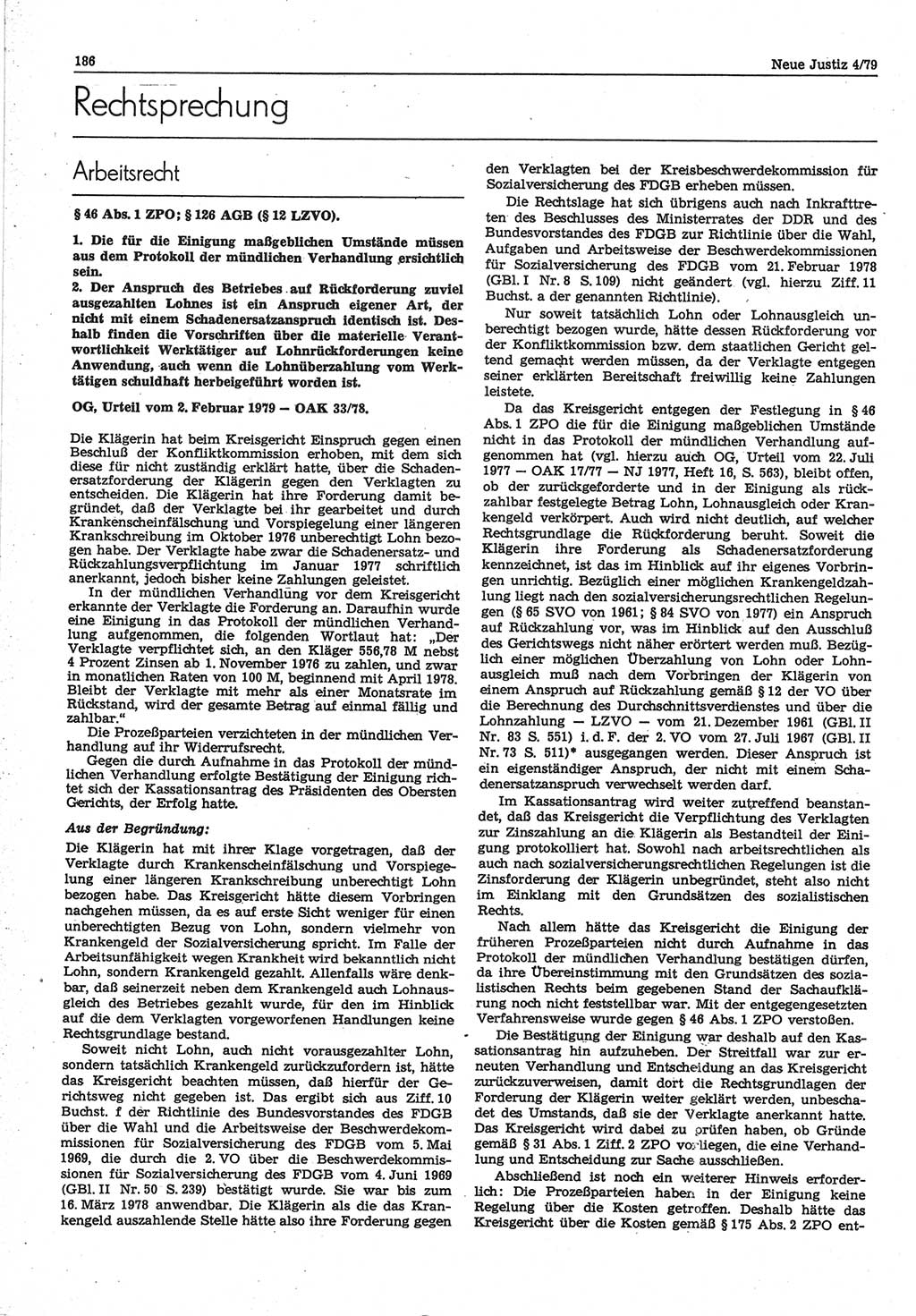 Neue Justiz (NJ), Zeitschrift für sozialistisches Recht und Gesetzlichkeit [Deutsche Demokratische Republik (DDR)], 33. Jahrgang 1979, Seite 186 (NJ DDR 1979, S. 186)
