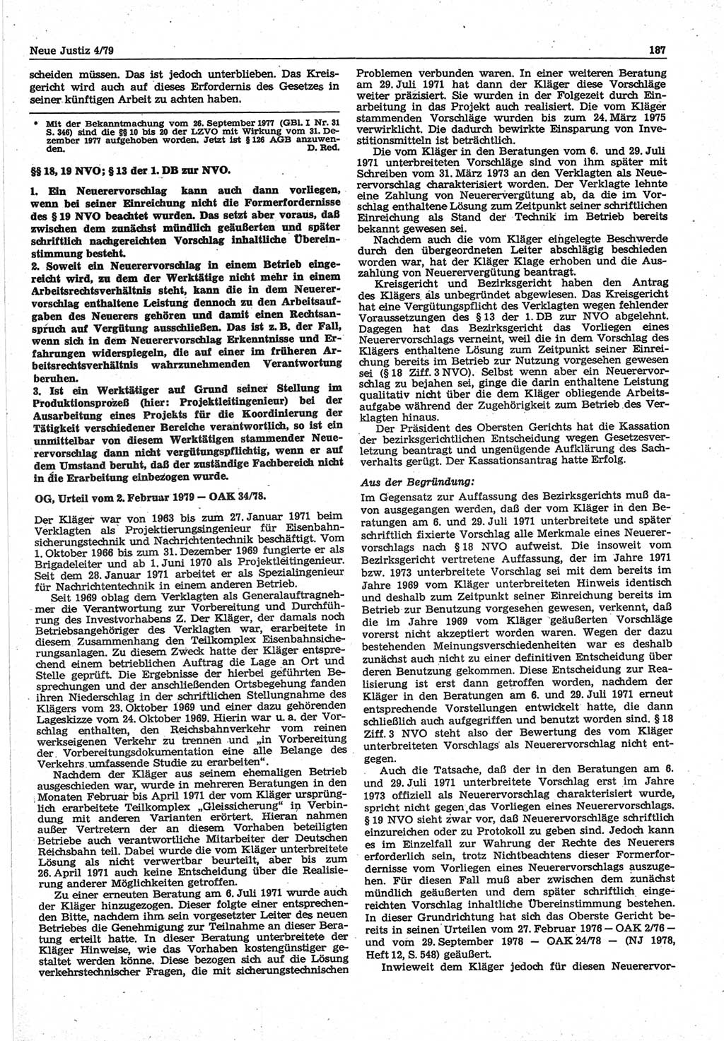 Neue Justiz (NJ), Zeitschrift für sozialistisches Recht und Gesetzlichkeit [Deutsche Demokratische Republik (DDR)], 33. Jahrgang 1979, Seite 187 (NJ DDR 1979, S. 187)