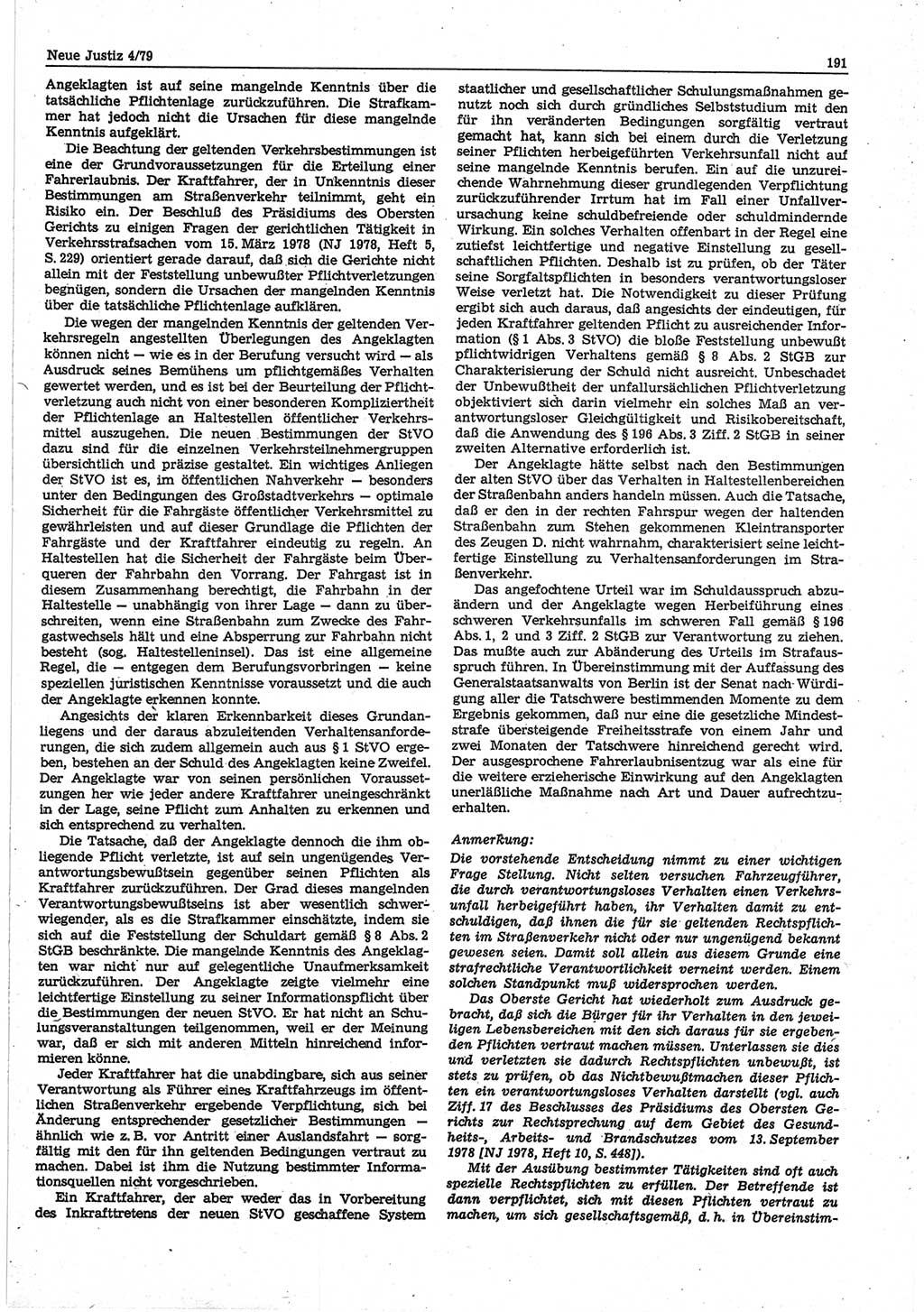 Neue Justiz (NJ), Zeitschrift für sozialistisches Recht und Gesetzlichkeit [Deutsche Demokratische Republik (DDR)], 33. Jahrgang 1979, Seite 191 (NJ DDR 1979, S. 191)