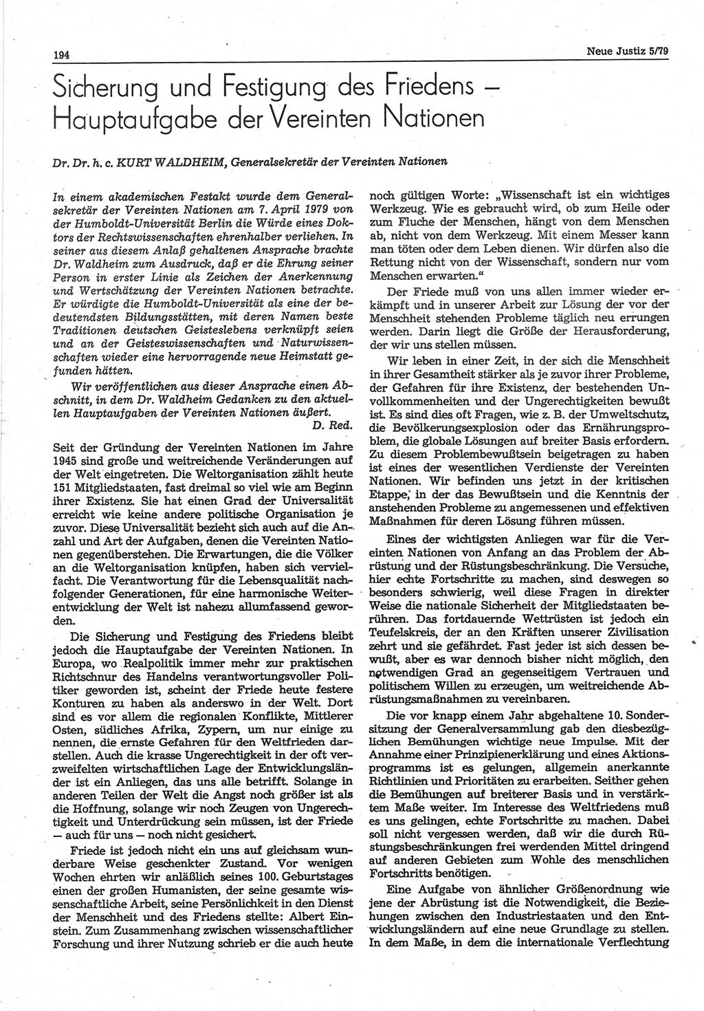 Neue Justiz (NJ), Zeitschrift für sozialistisches Recht und Gesetzlichkeit [Deutsche Demokratische Republik (DDR)], 33. Jahrgang 1979, Seite 194 (NJ DDR 1979, S. 194)