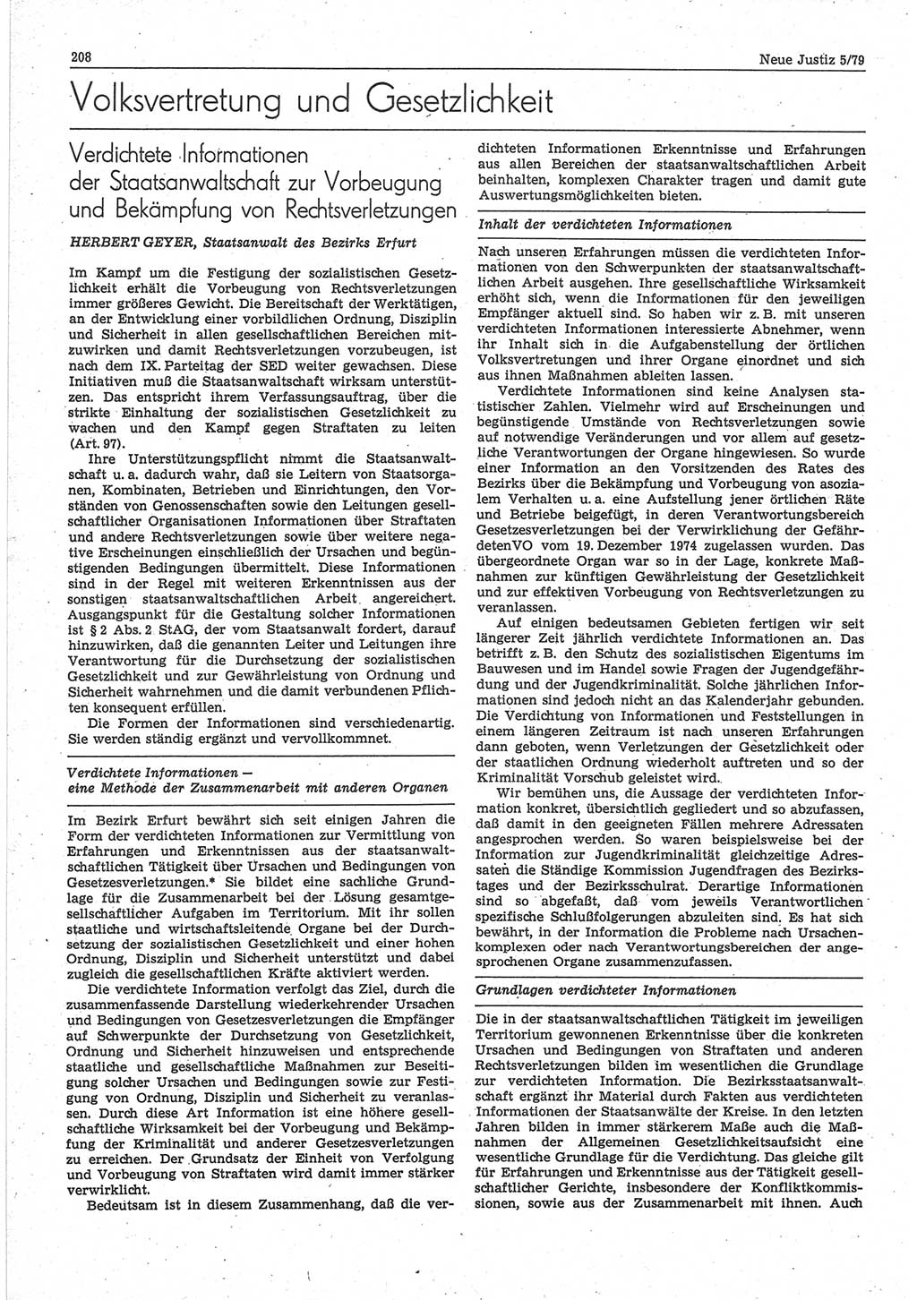 Neue Justiz (NJ), Zeitschrift für sozialistisches Recht und Gesetzlichkeit [Deutsche Demokratische Republik (DDR)], 33. Jahrgang 1979, Seite 208 (NJ DDR 1979, S. 208)