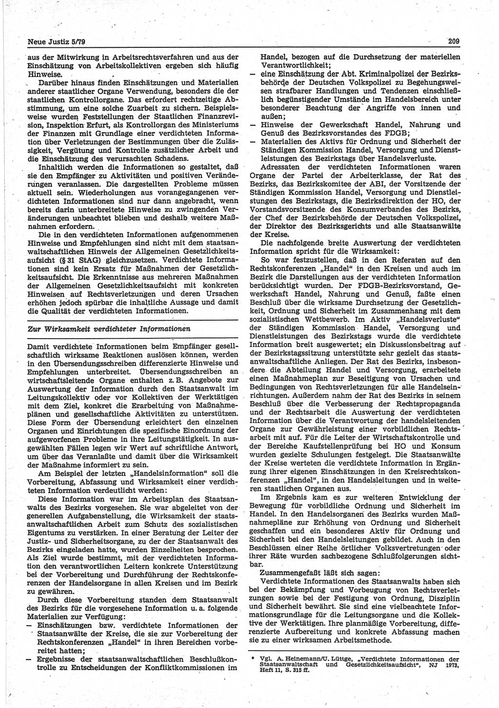 Neue Justiz (NJ), Zeitschrift für sozialistisches Recht und Gesetzlichkeit [Deutsche Demokratische Republik (DDR)], 33. Jahrgang 1979, Seite 209 (NJ DDR 1979, S. 209)