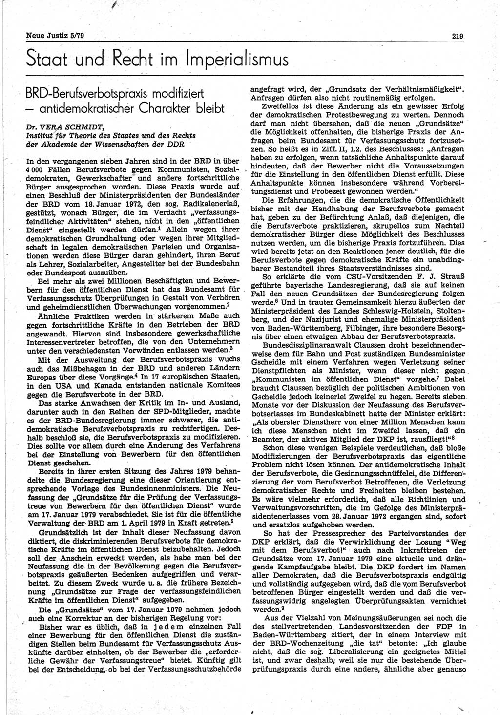 Neue Justiz (NJ), Zeitschrift für sozialistisches Recht und Gesetzlichkeit [Deutsche Demokratische Republik (DDR)], 33. Jahrgang 1979, Seite 219 (NJ DDR 1979, S. 219)