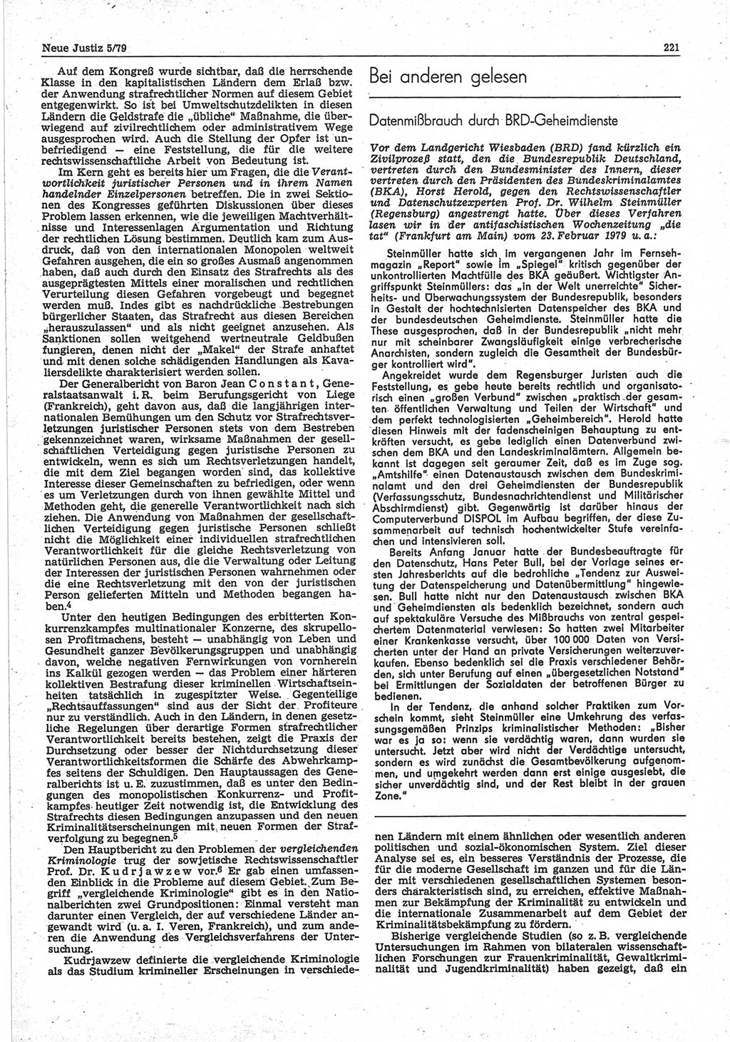 Neue Justiz (NJ), Zeitschrift für sozialistisches Recht und Gesetzlichkeit [Deutsche Demokratische Republik (DDR)], 33. Jahrgang 1979, Seite 221 (NJ DDR 1979, S. 221)