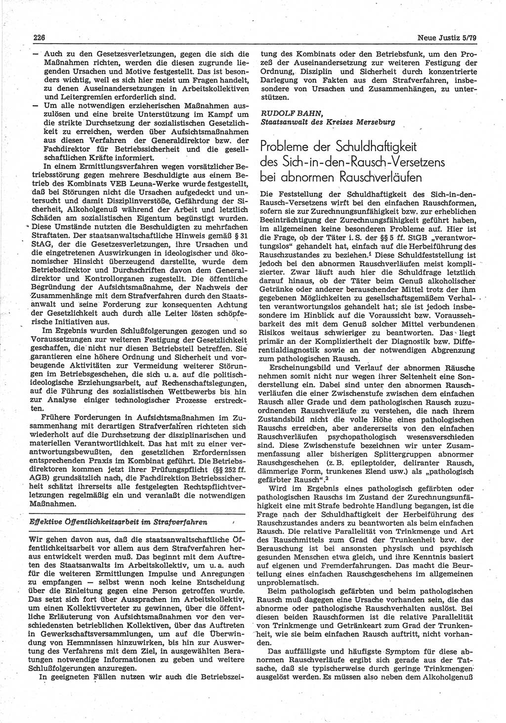 Neue Justiz (NJ), Zeitschrift für sozialistisches Recht und Gesetzlichkeit [Deutsche Demokratische Republik (DDR)], 33. Jahrgang 1979, Seite 226 (NJ DDR 1979, S. 226)
