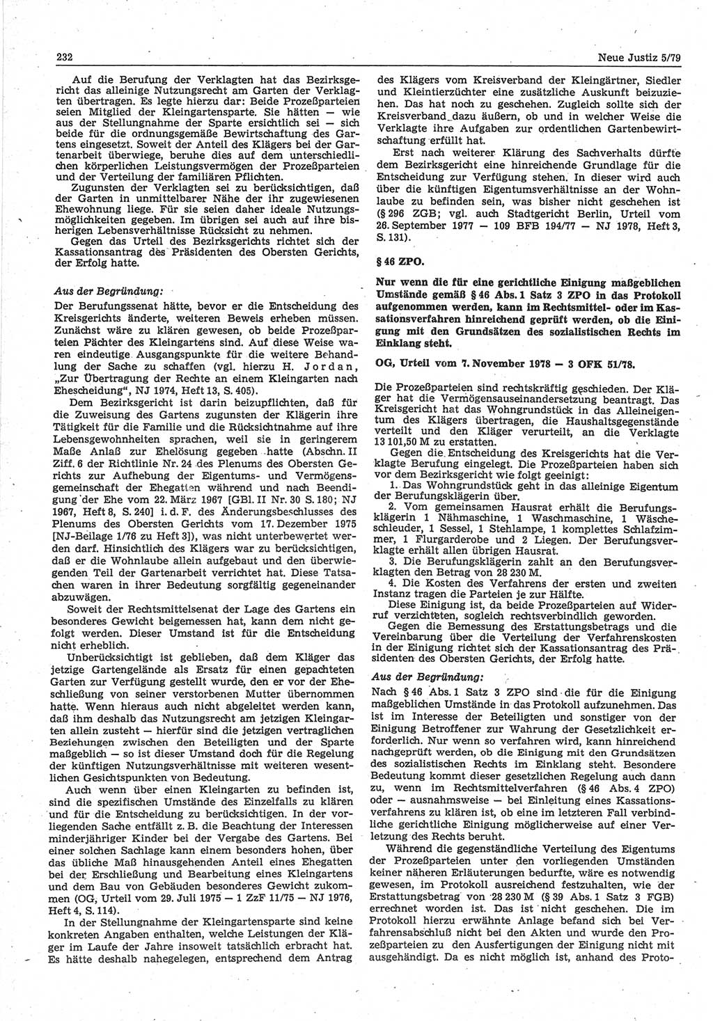 Neue Justiz (NJ), Zeitschrift für sozialistisches Recht und Gesetzlichkeit [Deutsche Demokratische Republik (DDR)], 33. Jahrgang 1979, Seite 232 (NJ DDR 1979, S. 232)