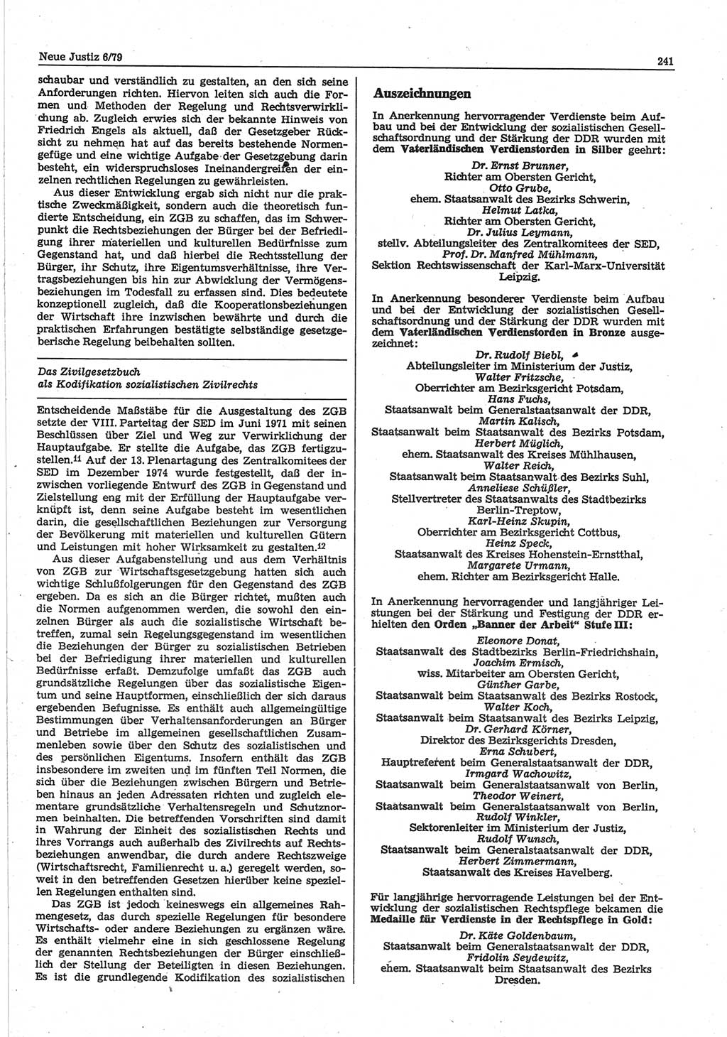 Neue Justiz (NJ), Zeitschrift für sozialistisches Recht und Gesetzlichkeit [Deutsche Demokratische Republik (DDR)], 33. Jahrgang 1979, Seite 241 (NJ DDR 1979, S. 241)