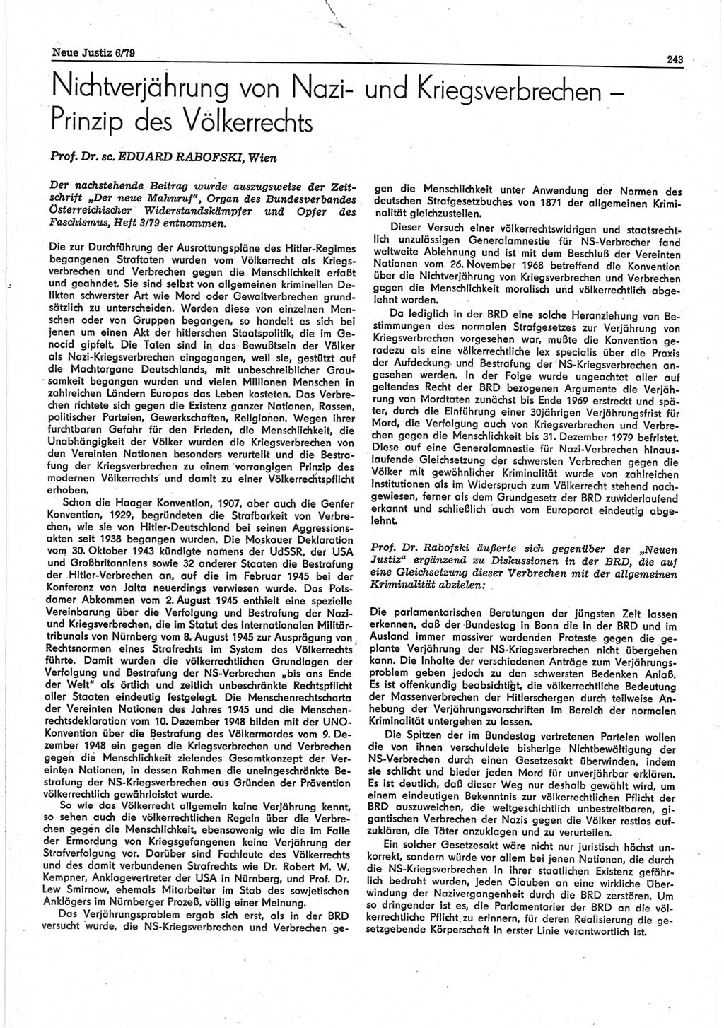 Neue Justiz (NJ), Zeitschrift für sozialistisches Recht und Gesetzlichkeit [Deutsche Demokratische Republik (DDR)], 33. Jahrgang 1979, Seite 243 (NJ DDR 1979, S. 243)