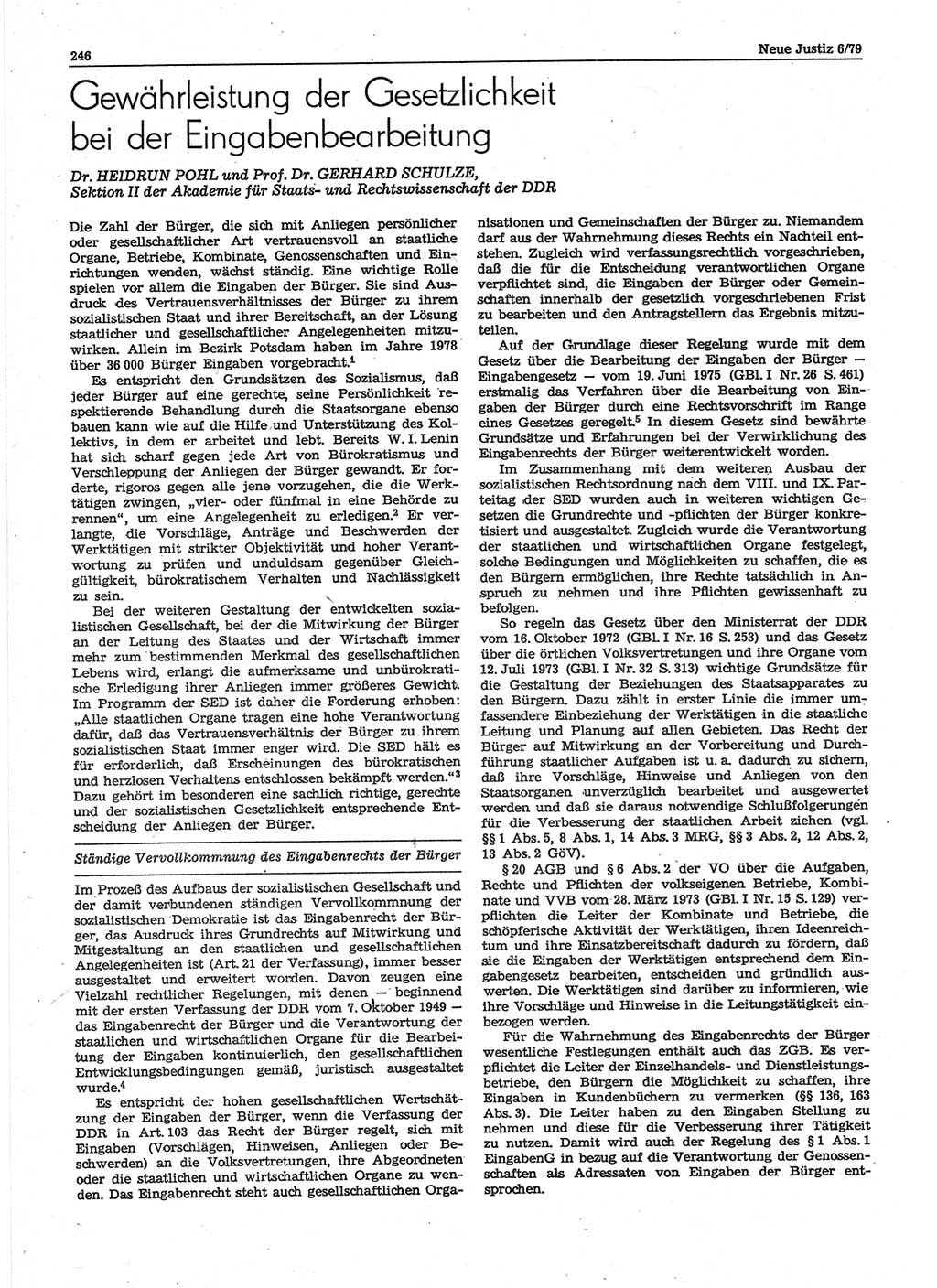 Neue Justiz (NJ), Zeitschrift für sozialistisches Recht und Gesetzlichkeit [Deutsche Demokratische Republik (DDR)], 33. Jahrgang 1979, Seite 246 (NJ DDR 1979, S. 246)