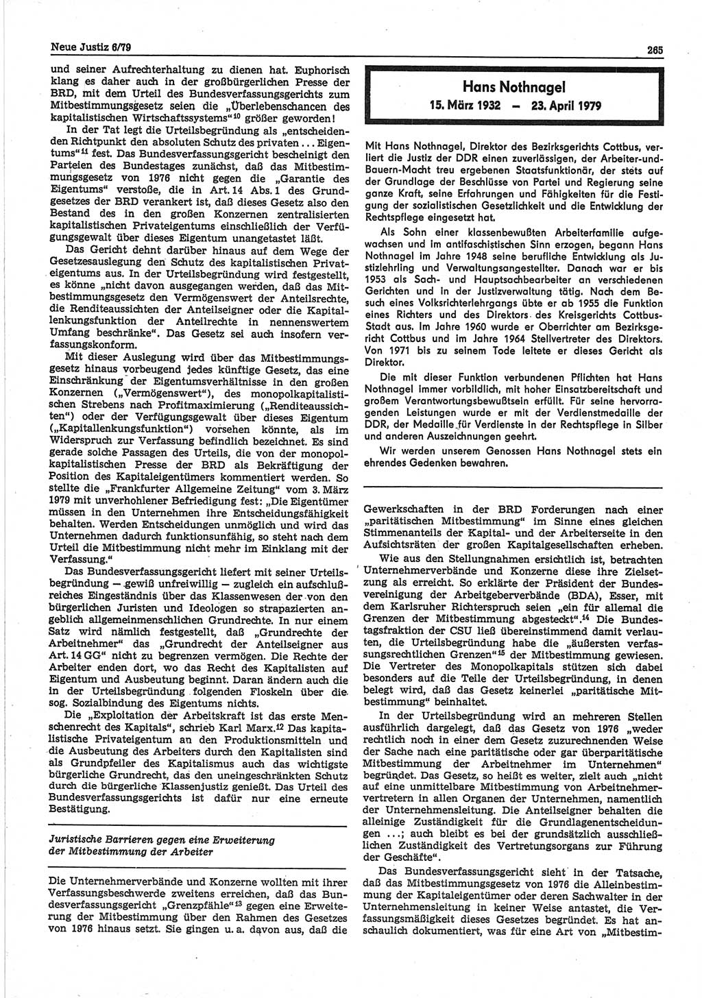 Neue Justiz (NJ), Zeitschrift für sozialistisches Recht und Gesetzlichkeit [Deutsche Demokratische Republik (DDR)], 33. Jahrgang 1979, Seite 265 (NJ DDR 1979, S. 265)