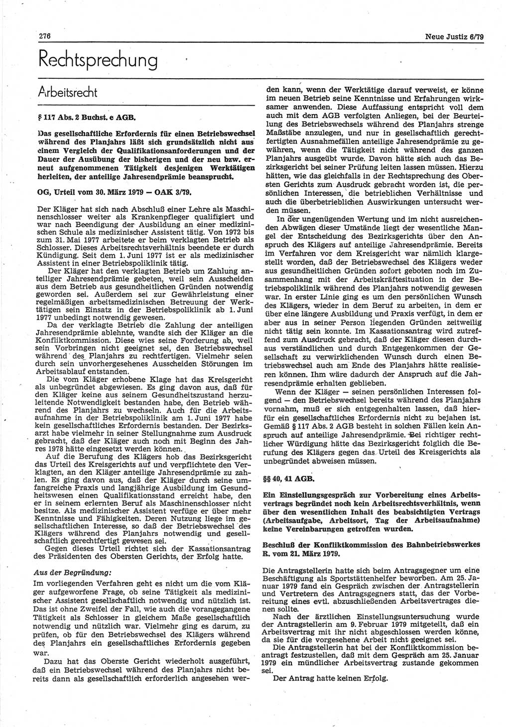 Neue Justiz (NJ), Zeitschrift für sozialistisches Recht und Gesetzlichkeit [Deutsche Demokratische Republik (DDR)], 33. Jahrgang 1979, Seite 276 (NJ DDR 1979, S. 276)