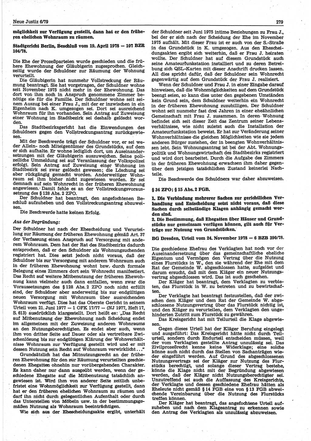 Neue Justiz (NJ), Zeitschrift für sozialistisches Recht und Gesetzlichkeit [Deutsche Demokratische Republik (DDR)], 33. Jahrgang 1979, Seite 279 (NJ DDR 1979, S. 279)