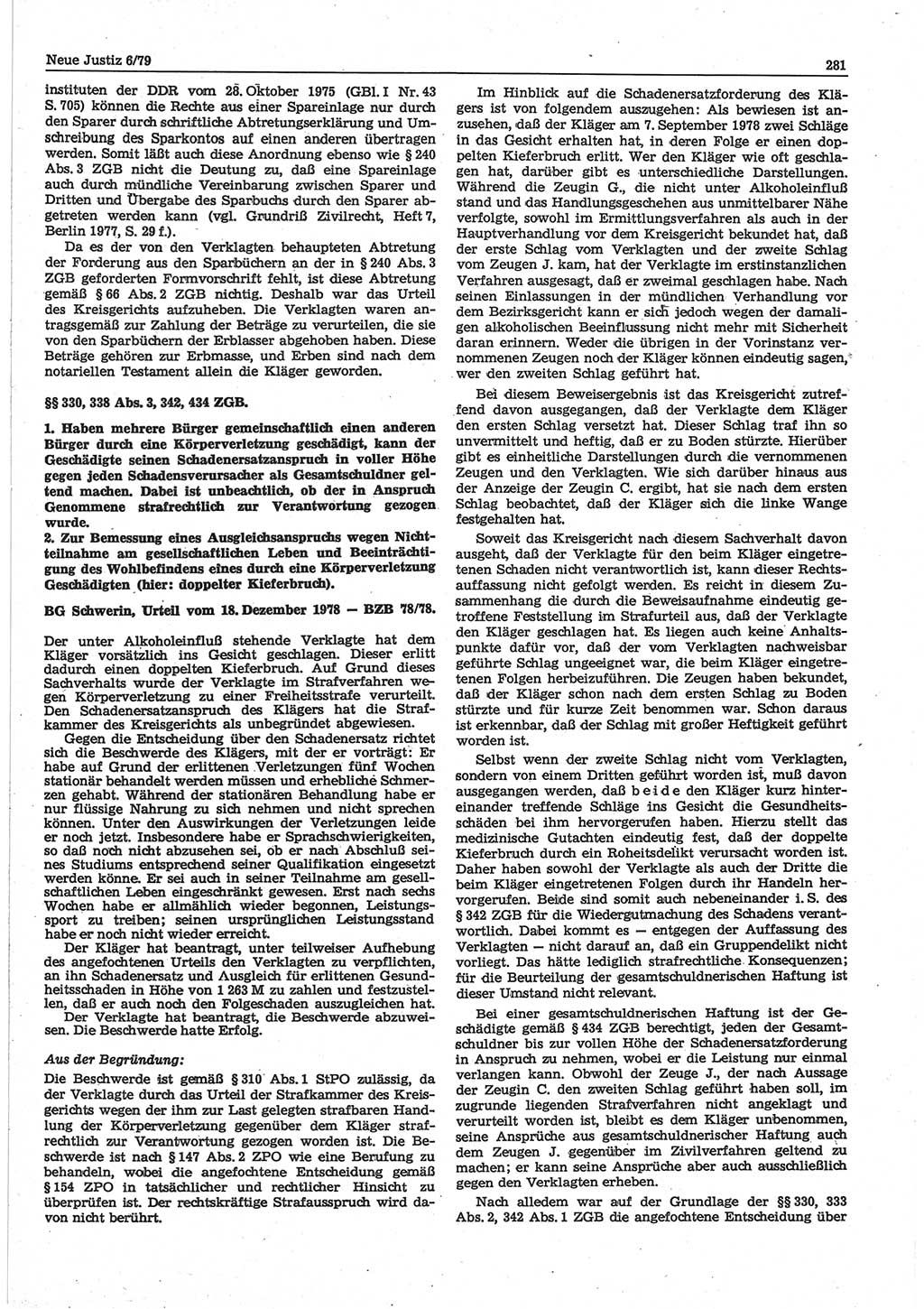 Neue Justiz (NJ), Zeitschrift für sozialistisches Recht und Gesetzlichkeit [Deutsche Demokratische Republik (DDR)], 33. Jahrgang 1979, Seite 281 (NJ DDR 1979, S. 281)