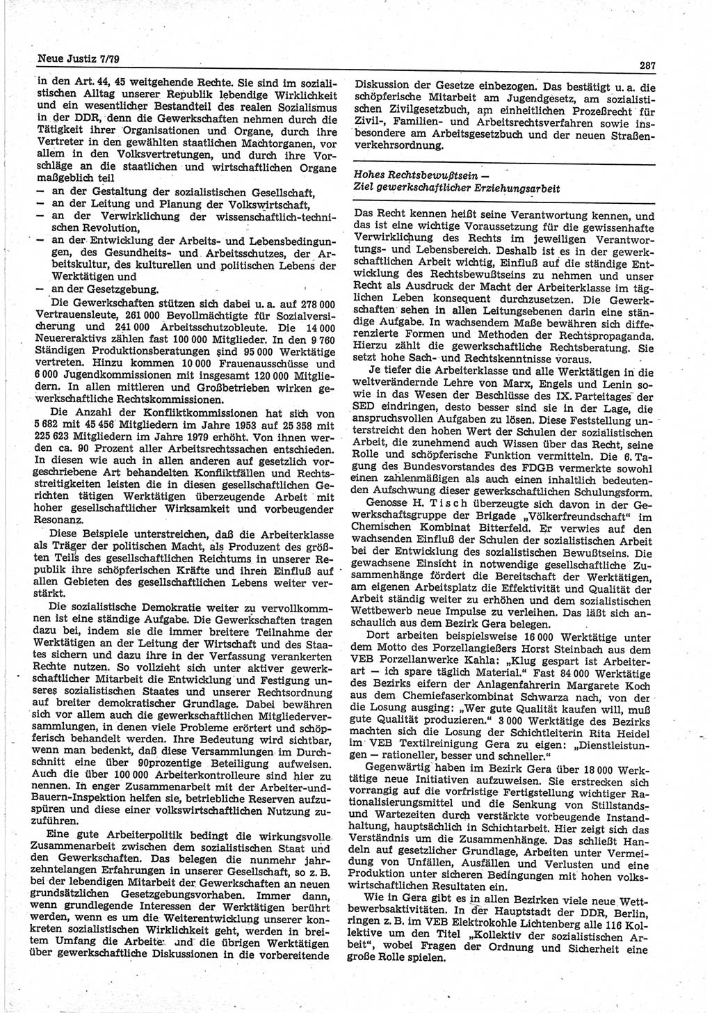 Neue Justiz (NJ), Zeitschrift für sozialistisches Recht und Gesetzlichkeit [Deutsche Demokratische Republik (DDR)], 33. Jahrgang 1979, Seite 287 (NJ DDR 1979, S. 287)