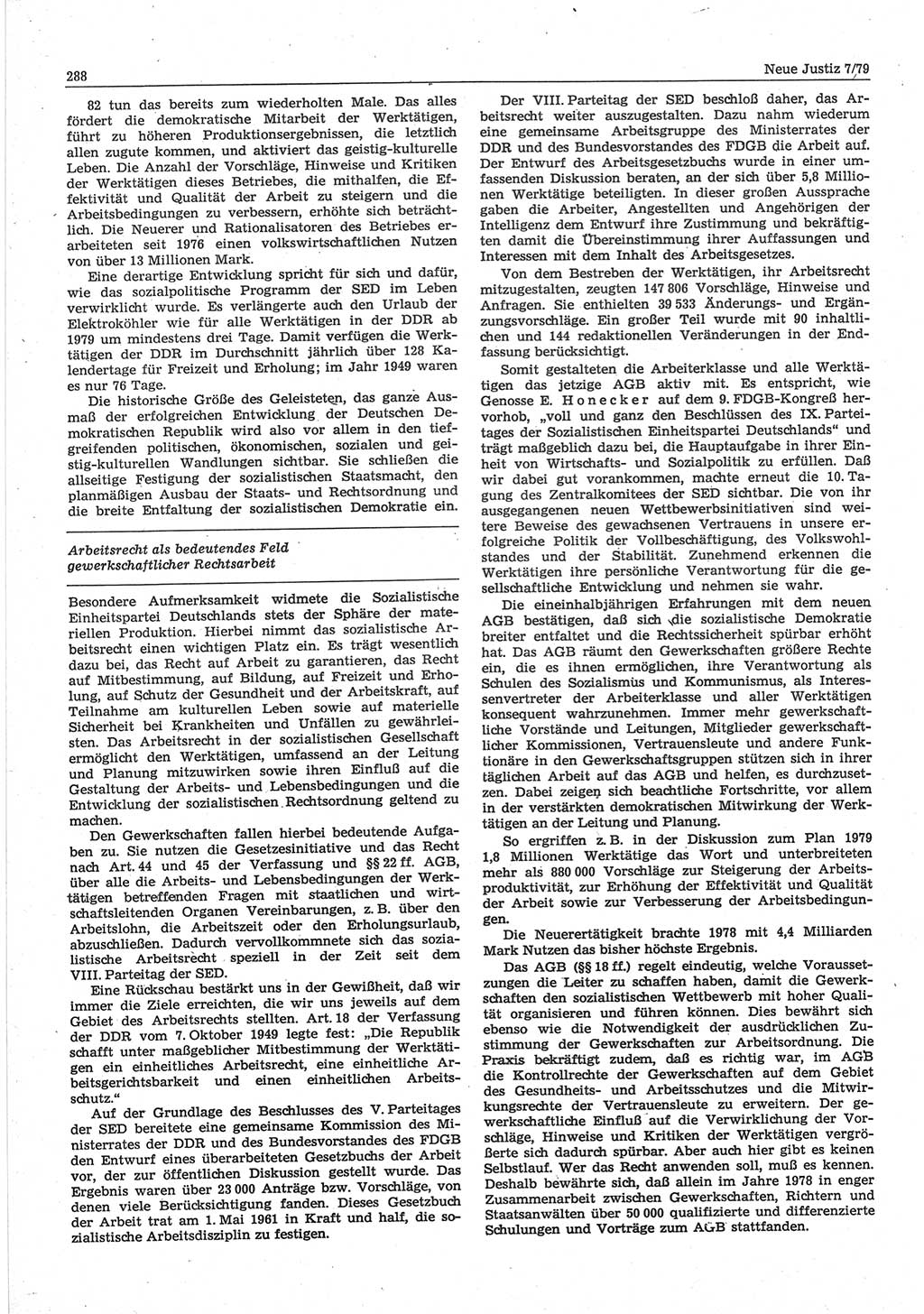 Neue Justiz (NJ), Zeitschrift für sozialistisches Recht und Gesetzlichkeit [Deutsche Demokratische Republik (DDR)], 33. Jahrgang 1979, Seite 288 (NJ DDR 1979, S. 288)