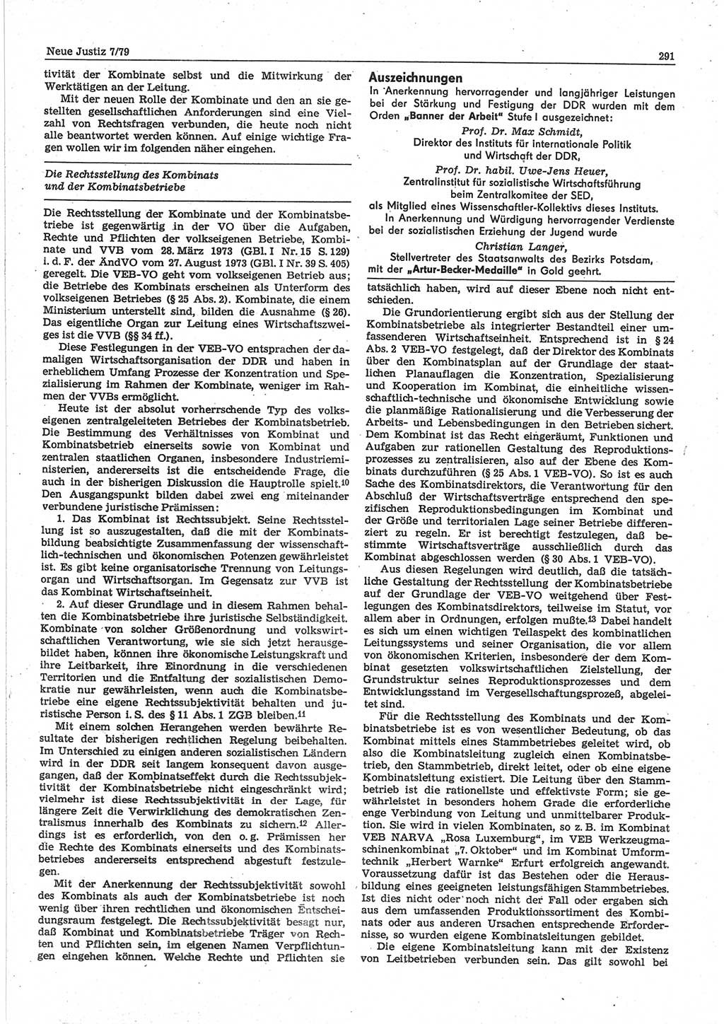 Neue Justiz (NJ), Zeitschrift für sozialistisches Recht und Gesetzlichkeit [Deutsche Demokratische Republik (DDR)], 33. Jahrgang 1979, Seite 291 (NJ DDR 1979, S. 291)