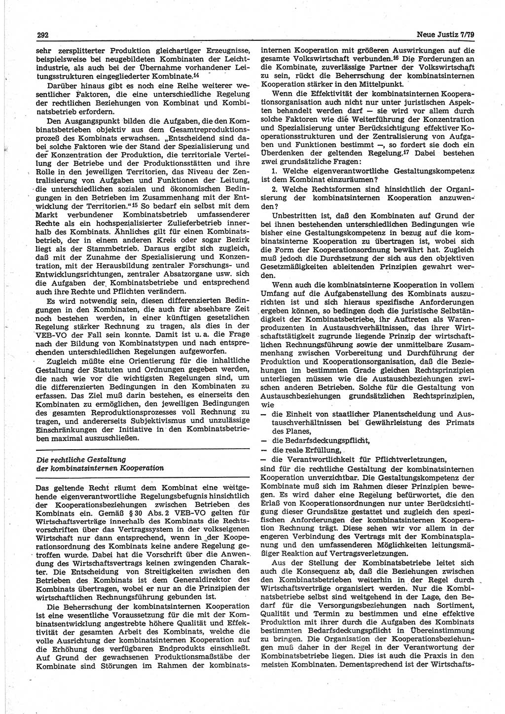 Neue Justiz (NJ), Zeitschrift für sozialistisches Recht und Gesetzlichkeit [Deutsche Demokratische Republik (DDR)], 33. Jahrgang 1979, Seite 292 (NJ DDR 1979, S. 292)