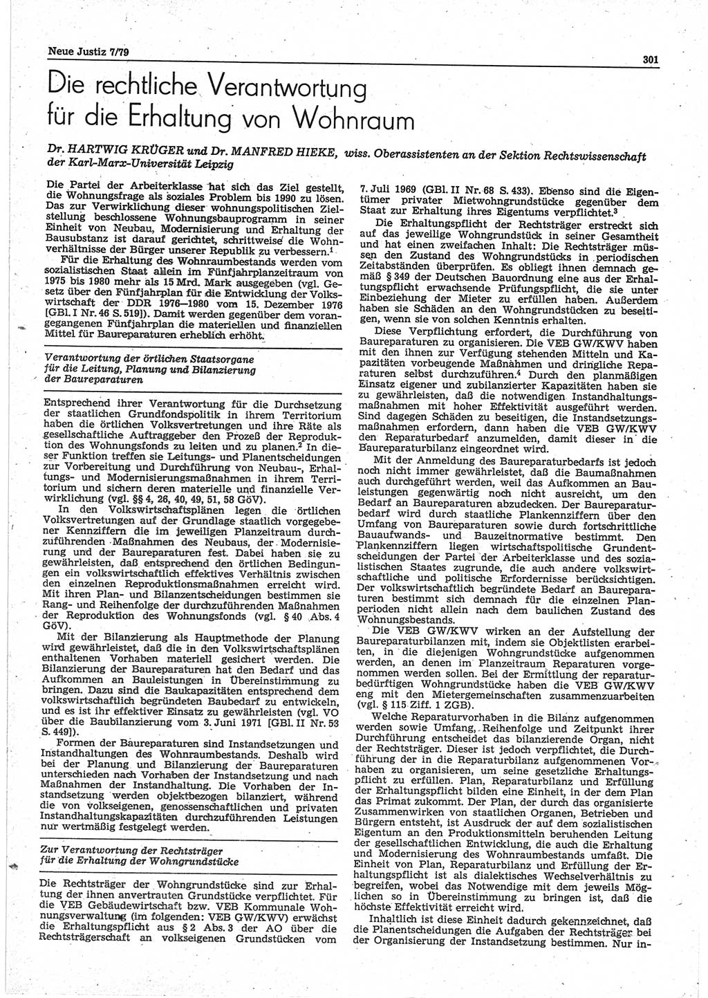 Neue Justiz (NJ), Zeitschrift für sozialistisches Recht und Gesetzlichkeit [Deutsche Demokratische Republik (DDR)], 33. Jahrgang 1979, Seite 301 (NJ DDR 1979, S. 301)
