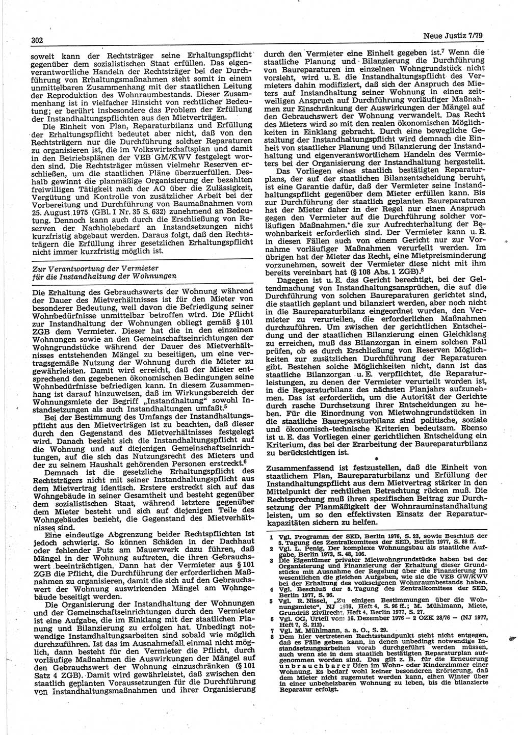 Neue Justiz (NJ), Zeitschrift für sozialistisches Recht und Gesetzlichkeit [Deutsche Demokratische Republik (DDR)], 33. Jahrgang 1979, Seite 302 (NJ DDR 1979, S. 302)