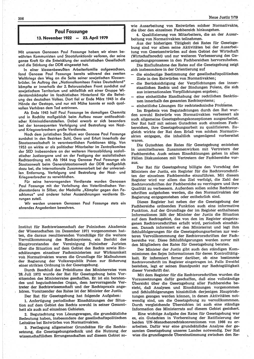 Neue Justiz (NJ), Zeitschrift für sozialistisches Recht und Gesetzlichkeit [Deutsche Demokratische Republik (DDR)], 33. Jahrgang 1979, Seite 306 (NJ DDR 1979, S. 306)