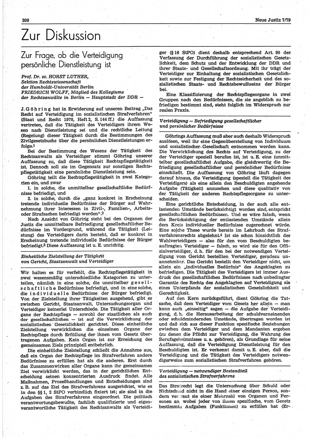 Neue Justiz (NJ), Zeitschrift für sozialistisches Recht und Gesetzlichkeit [Deutsche Demokratische Republik (DDR)], 33. Jahrgang 1979, Seite 308 (NJ DDR 1979, S. 308)