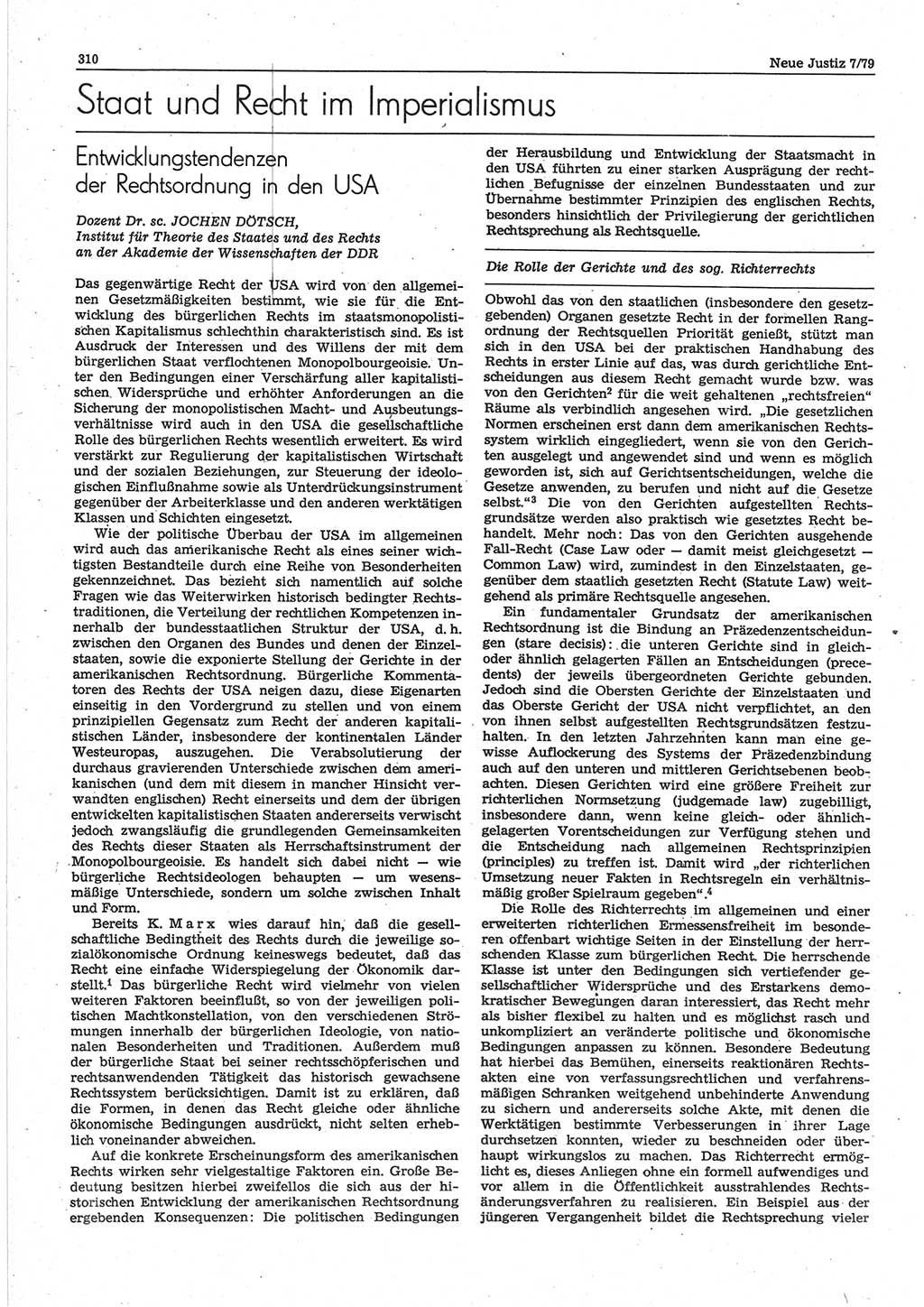 Neue Justiz (NJ), Zeitschrift für sozialistisches Recht und Gesetzlichkeit [Deutsche Demokratische Republik (DDR)], 33. Jahrgang 1979, Seite 310 (NJ DDR 1979, S. 310)