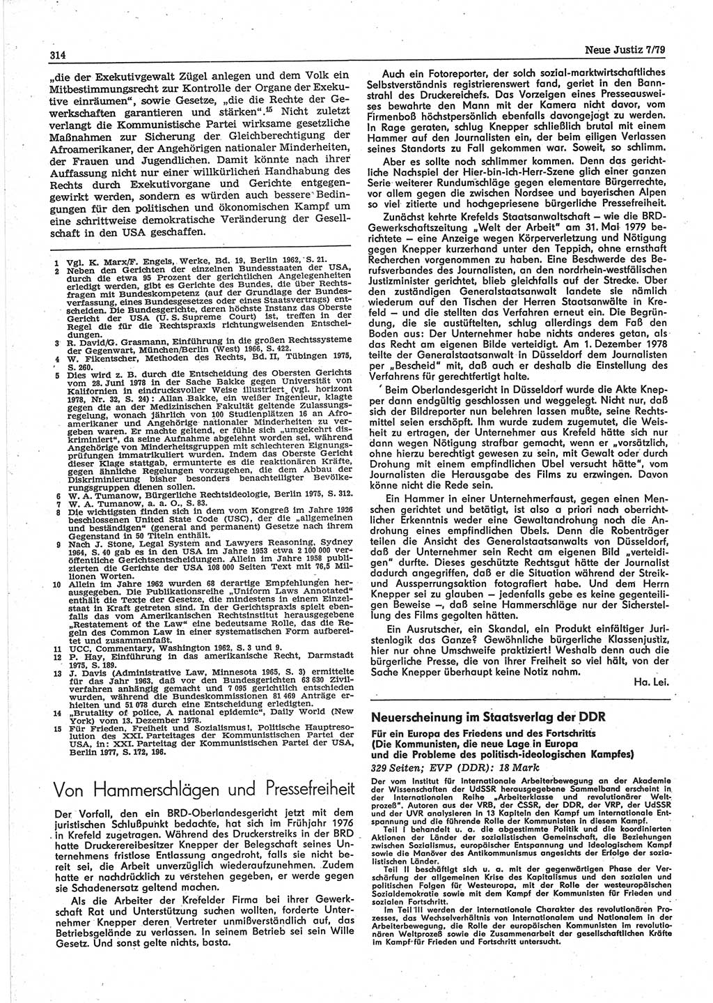 Neue Justiz (NJ), Zeitschrift für sozialistisches Recht und Gesetzlichkeit [Deutsche Demokratische Republik (DDR)], 33. Jahrgang 1979, Seite 314 (NJ DDR 1979, S. 314)