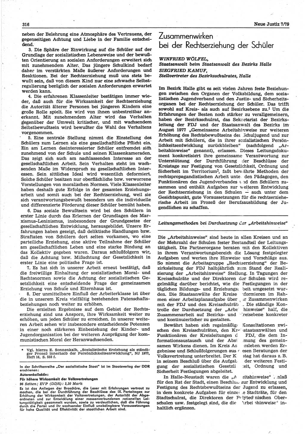 Neue Justiz (NJ), Zeitschrift für sozialistisches Recht und Gesetzlichkeit [Deutsche Demokratische Republik (DDR)], 33. Jahrgang 1979, Seite 316 (NJ DDR 1979, S. 316)