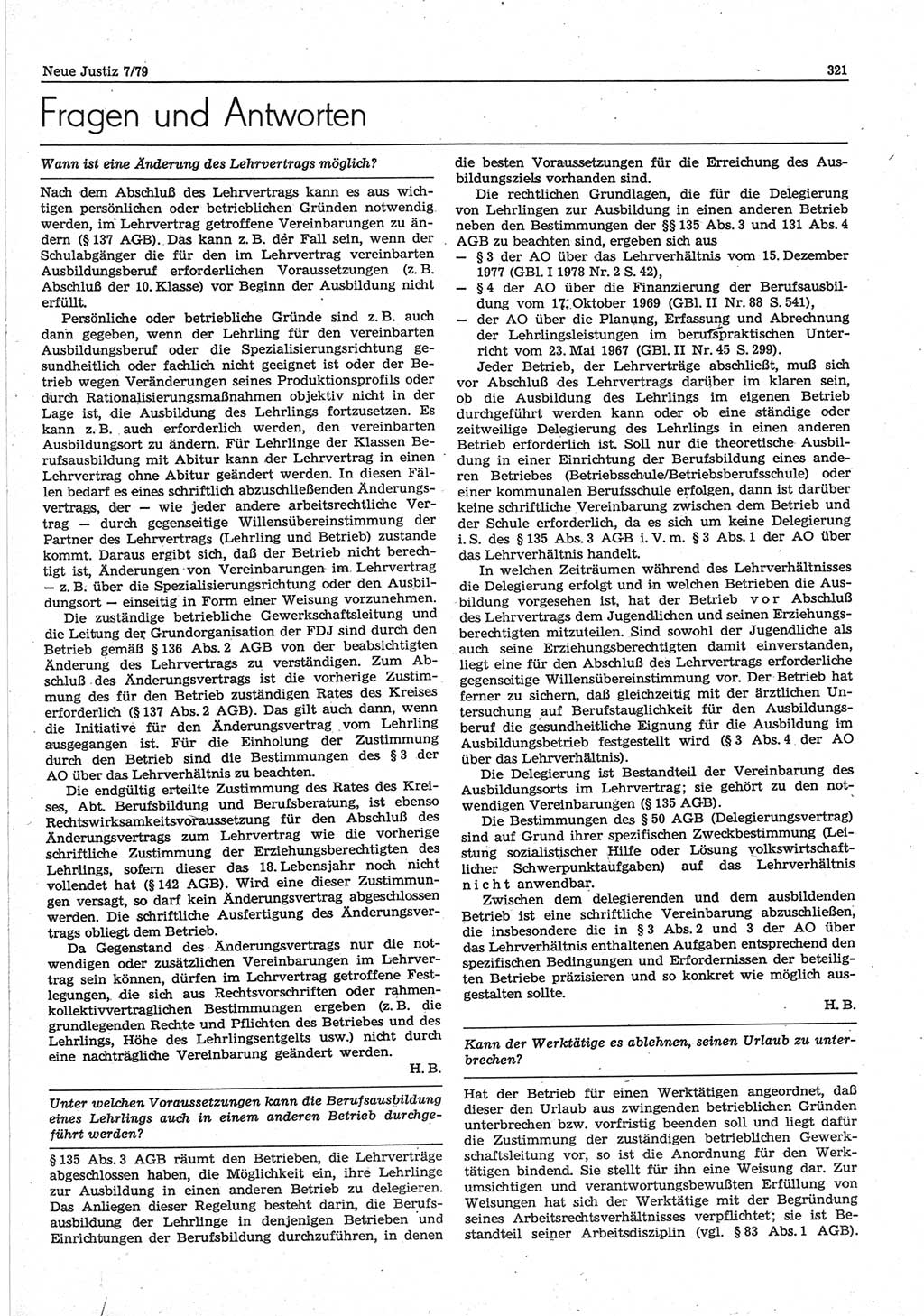 Neue Justiz (NJ), Zeitschrift für sozialistisches Recht und Gesetzlichkeit [Deutsche Demokratische Republik (DDR)], 33. Jahrgang 1979, Seite 321 (NJ DDR 1979, S. 321)