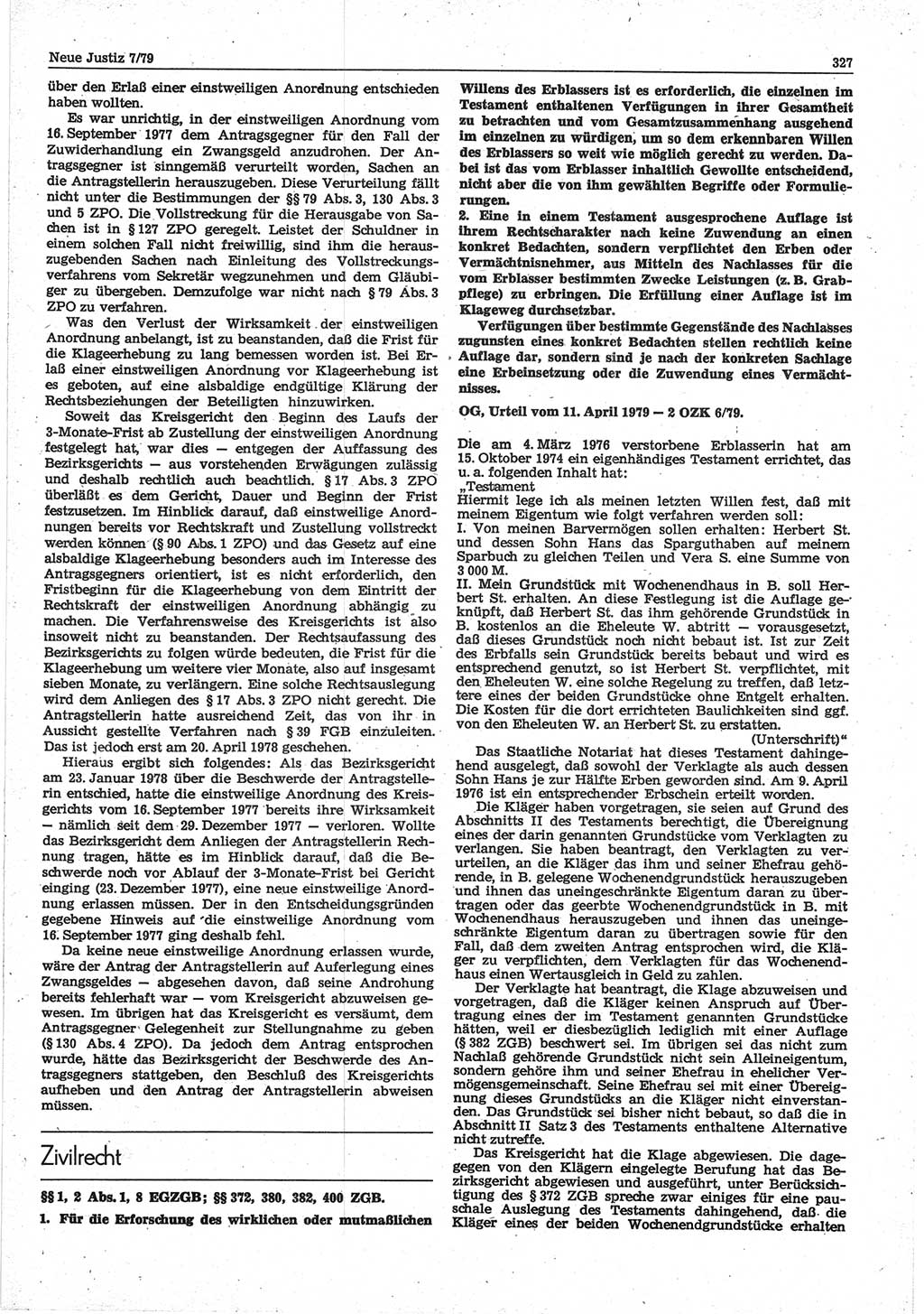 Neue Justiz (NJ), Zeitschrift für sozialistisches Recht und Gesetzlichkeit [Deutsche Demokratische Republik (DDR)], 33. Jahrgang 1979, Seite 327 (NJ DDR 1979, S. 327)