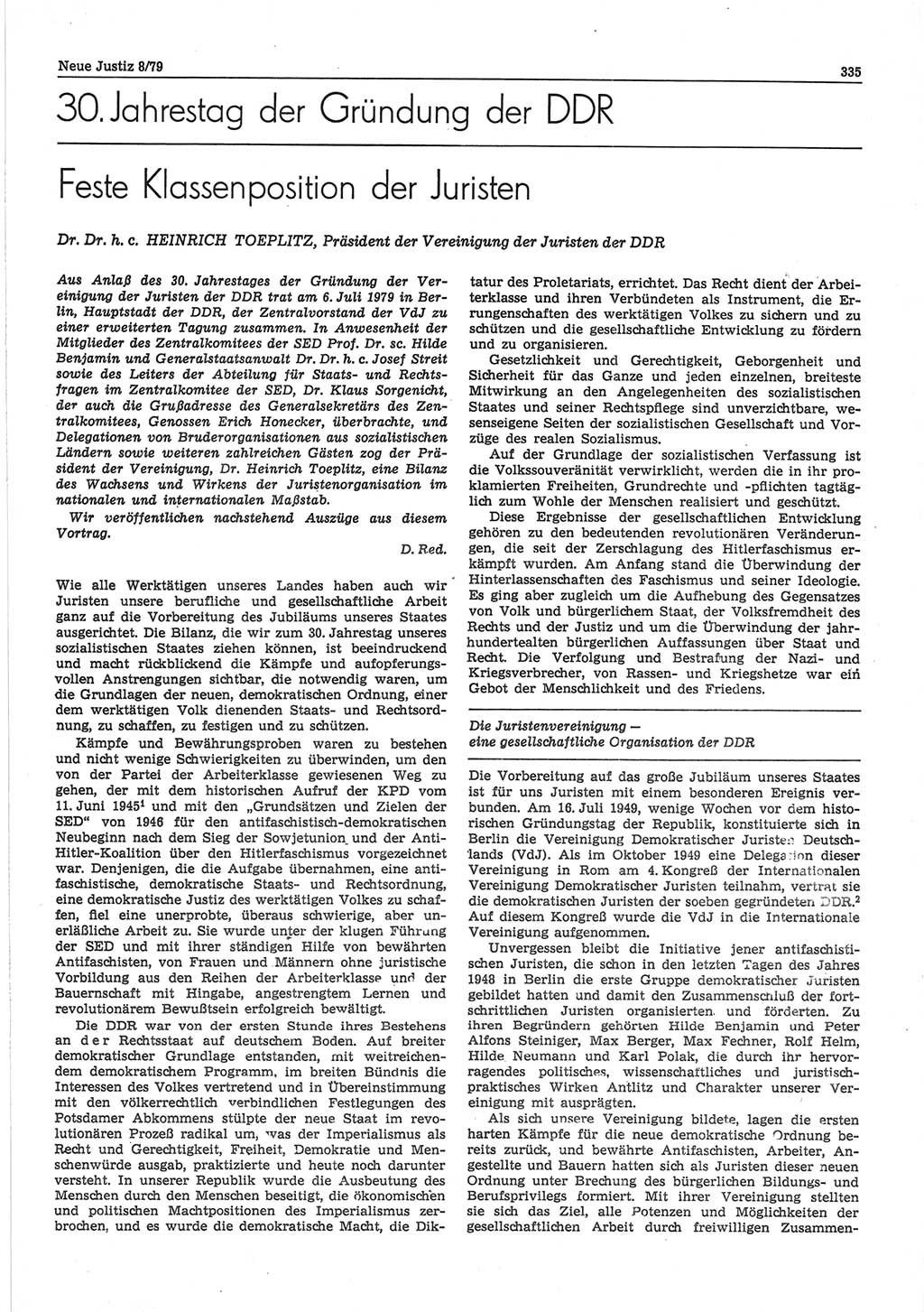 Neue Justiz (NJ), Zeitschrift für sozialistisches Recht und Gesetzlichkeit [Deutsche Demokratische Republik (DDR)], 33. Jahrgang 1979, Seite 335 (NJ DDR 1979, S. 335)