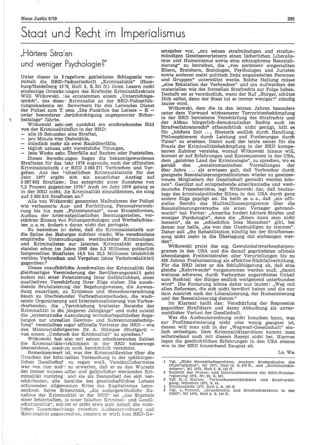 Neue Justiz (NJ), Zeitschrift für sozialistisches Recht und Gesetzlichkeit [Deutsche Demokratische Republik (DDR)], 33. Jahrgang 1979, Seite 365 (NJ DDR 1979, S. 365)